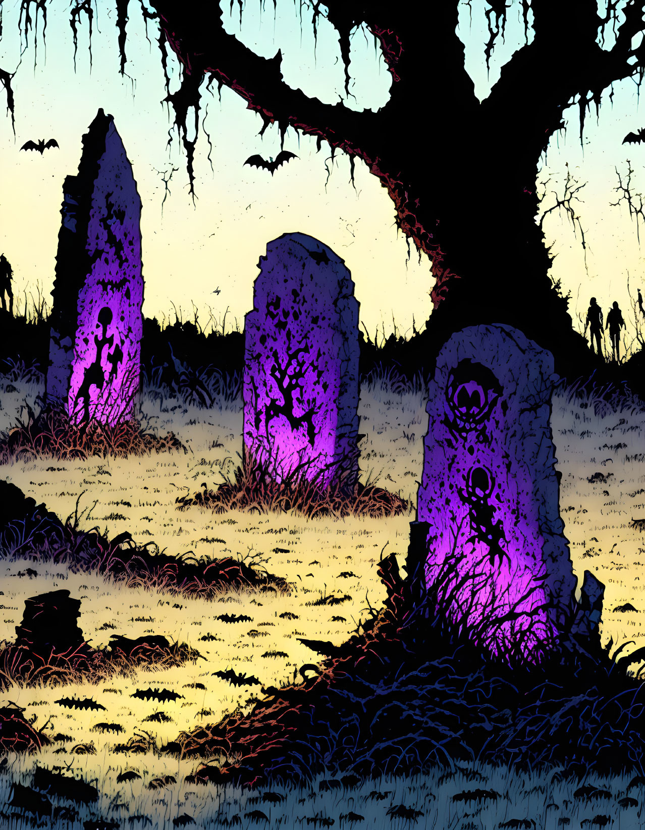 Spooky graveyard scene with illuminated purple gravestones