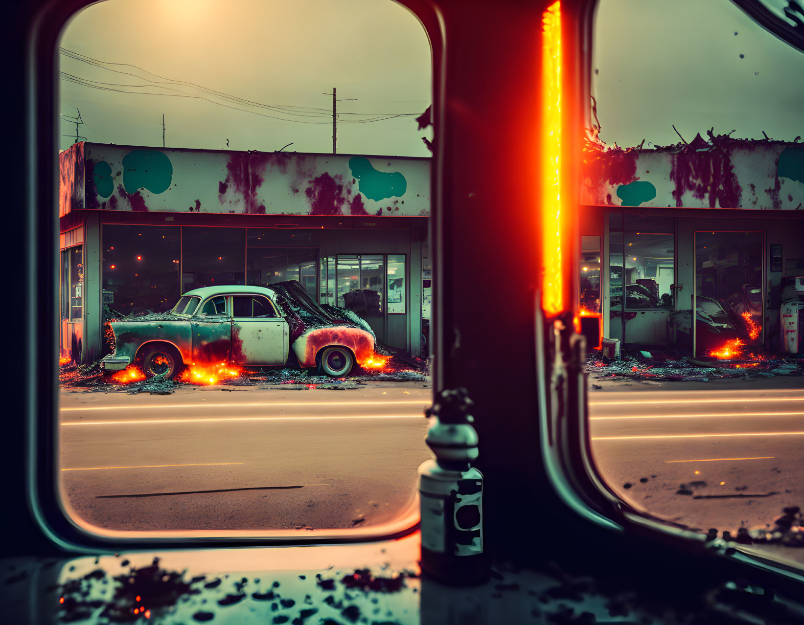 Vintage car with fiery underglow contrasts dreary building and sky