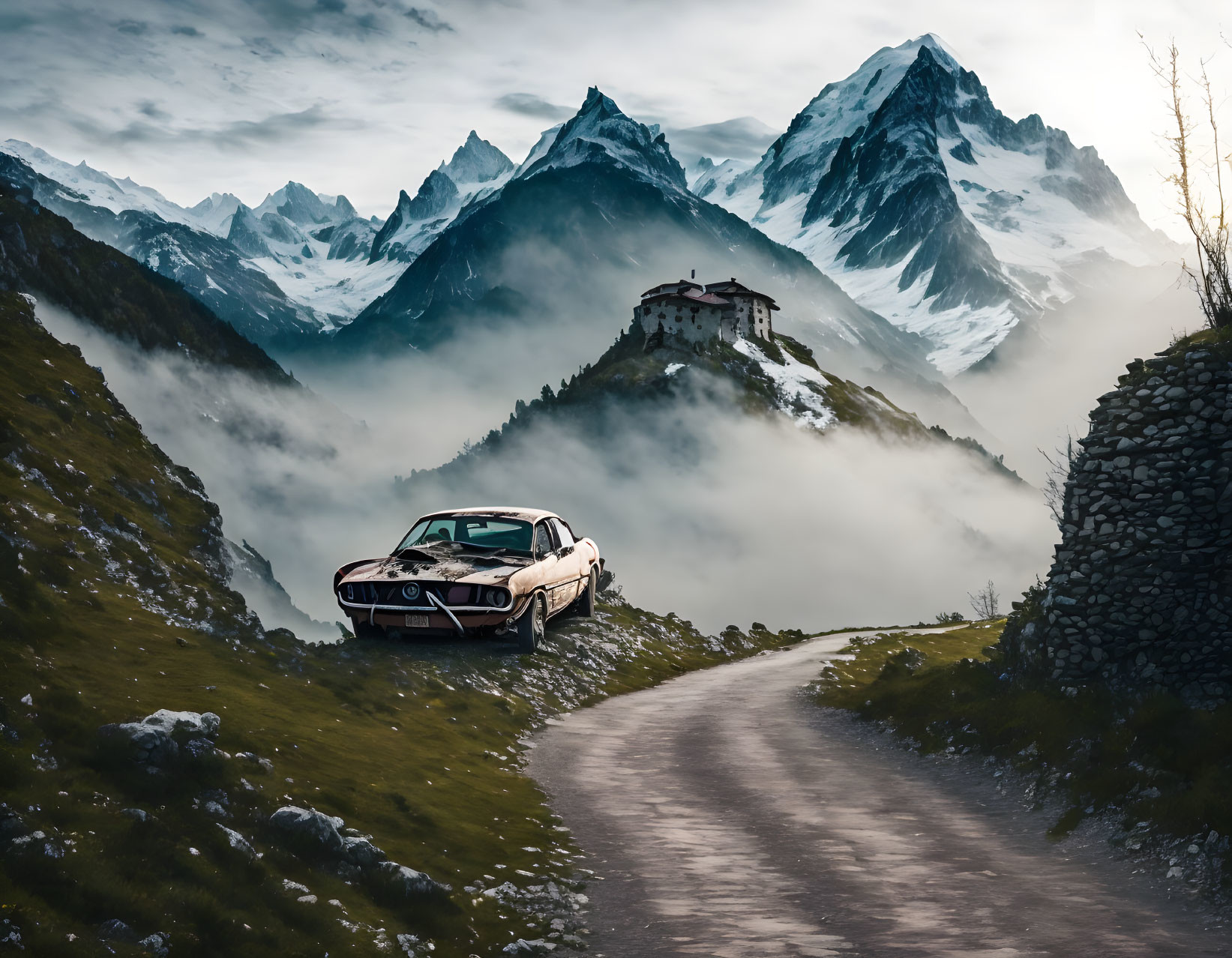 Vintage Car on Mountain Road with Snow-Capped Peaks