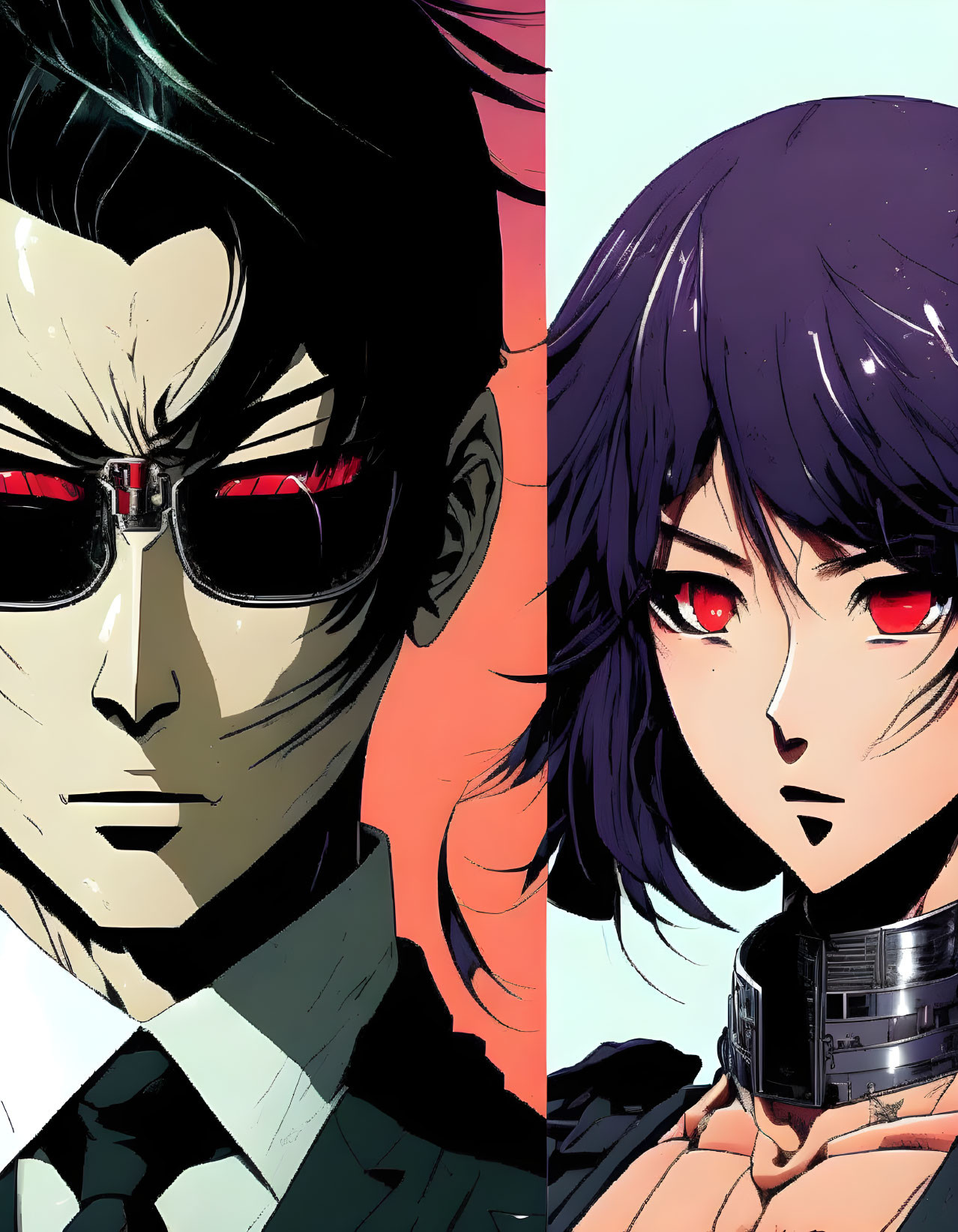 Anime characters with red eyes: male in suit and female with black hair