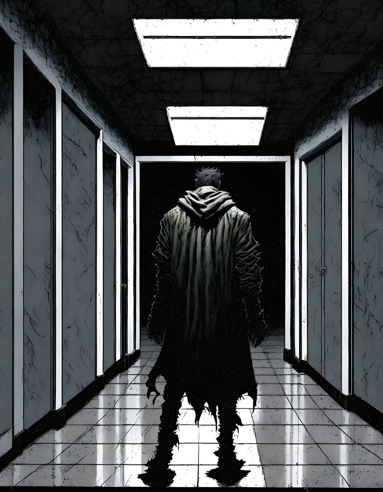 Mysterious figure in trench coat and hat in dimly lit corridor