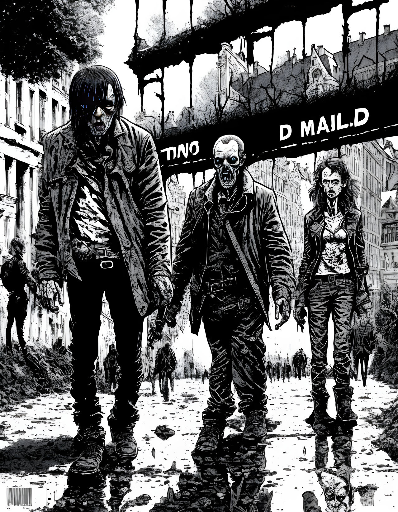 Monochrome illustration: Three zombies in city street scene.