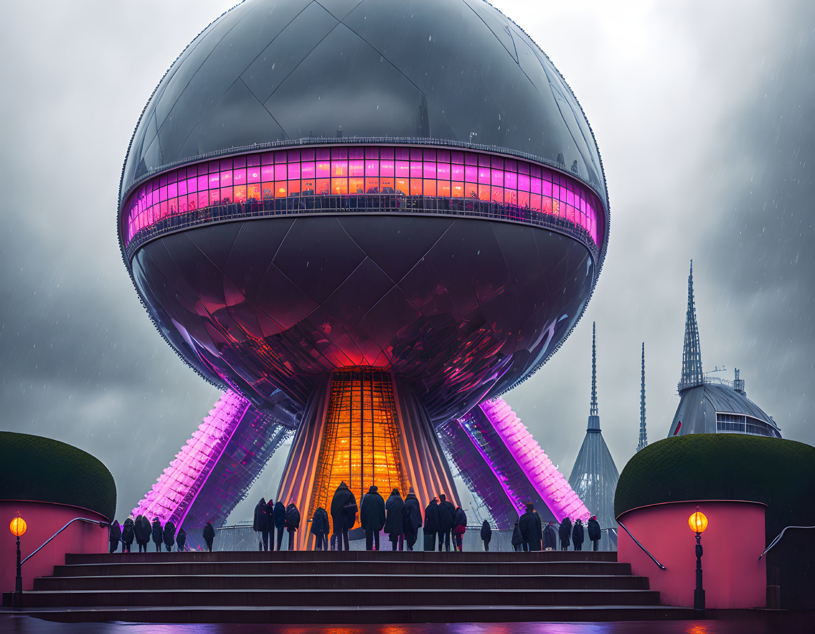 Modern building with spherical illuminated top and pink-orange entrance under rainy sky