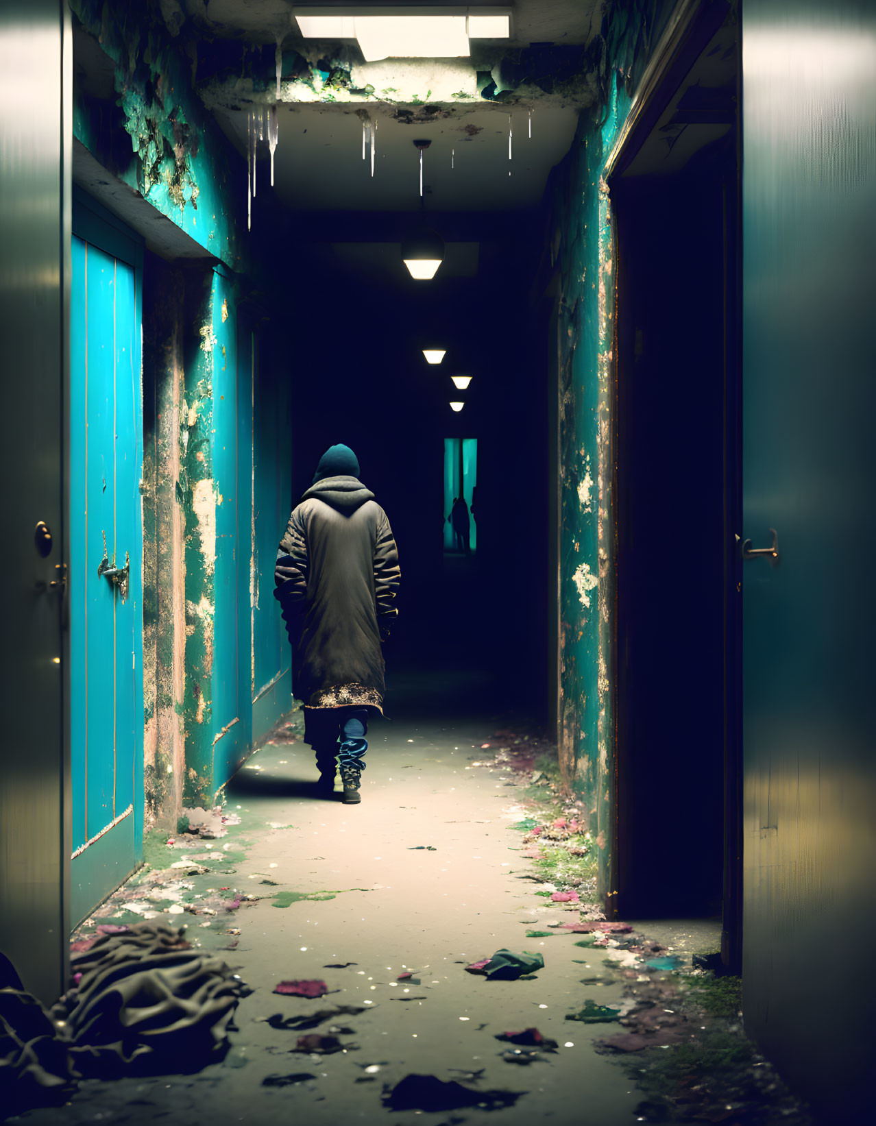 Person in coat walks through eerie dilapidated corridor