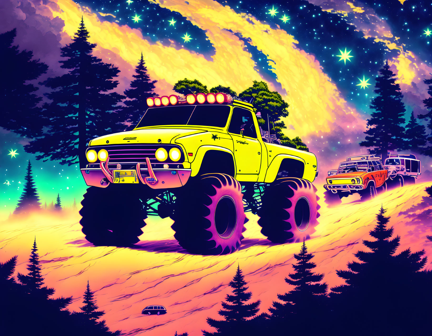 Colorful Monster Trucks Driving Through Forest at Night