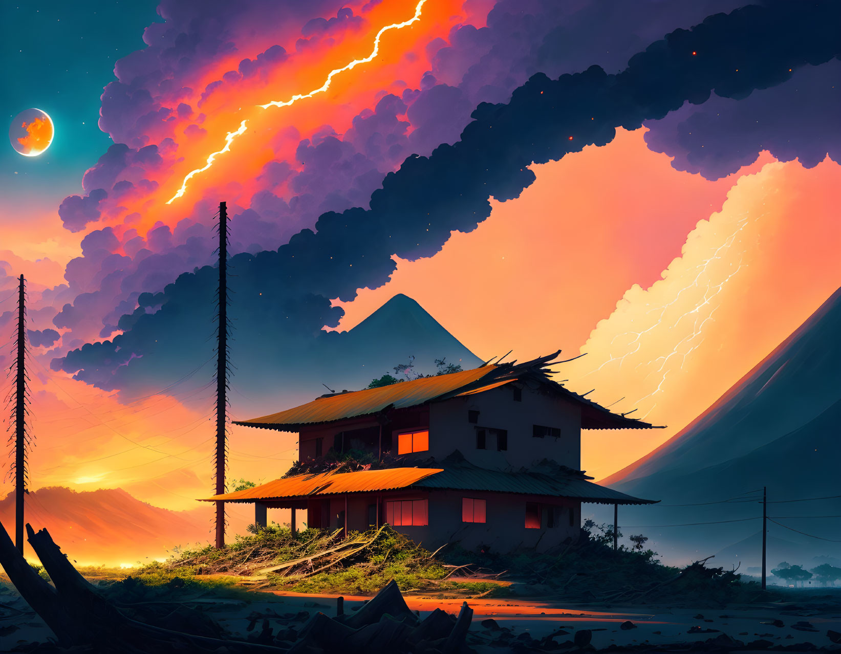 Traditional house with thatched roof in fiery sky with volcanoes and surreal moon