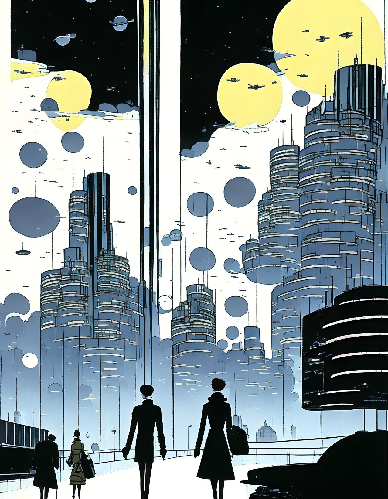 Futuristic cityscape with silhouetted family at night