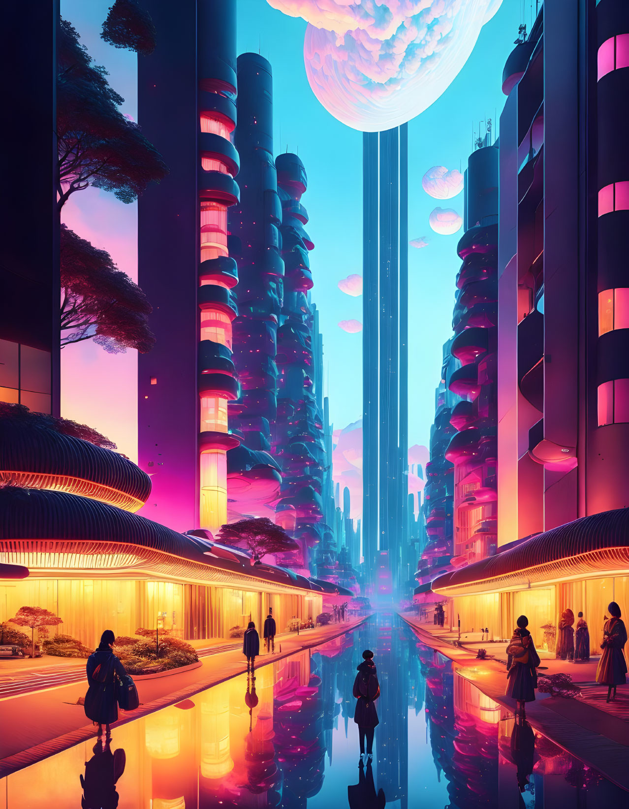 Futuristic cyberpunk cityscape with skyscrapers, neon lights, pedestrians, and moon.