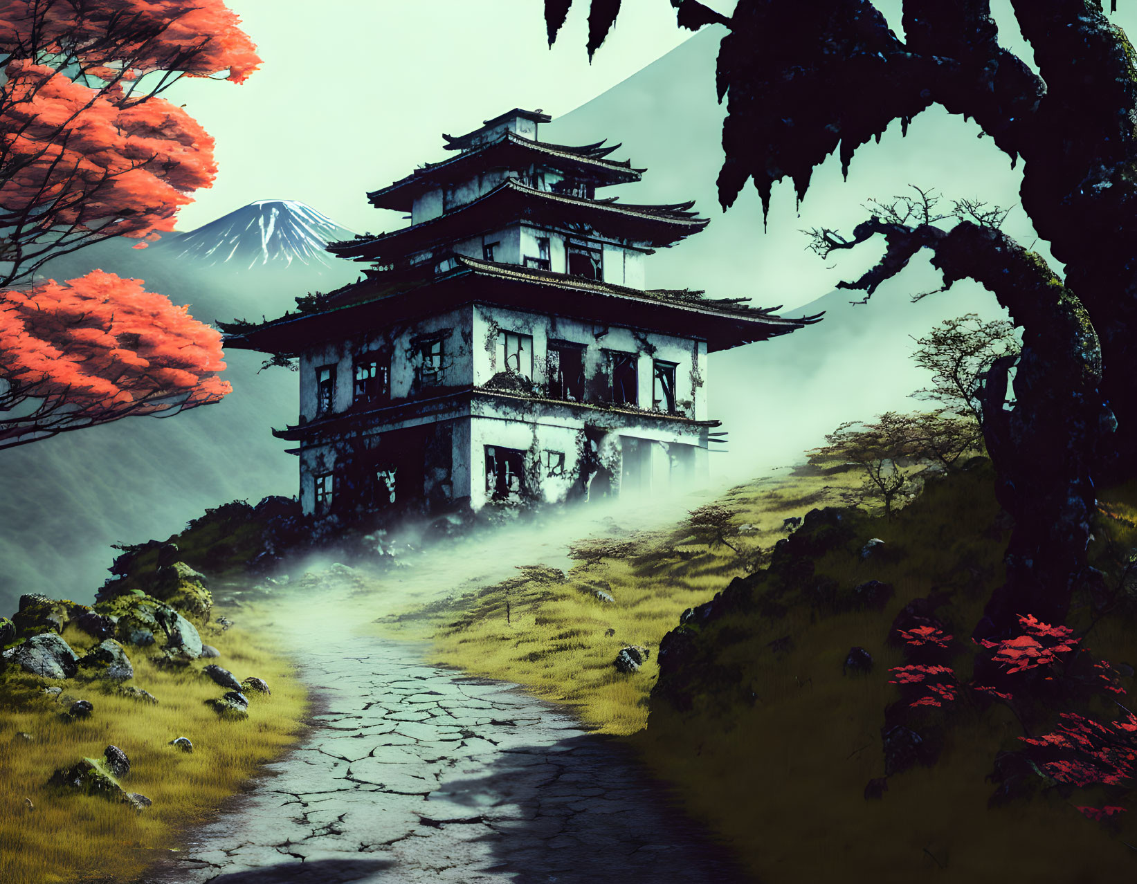 Weathered pagoda in mystical landscape with Mount Fuji.