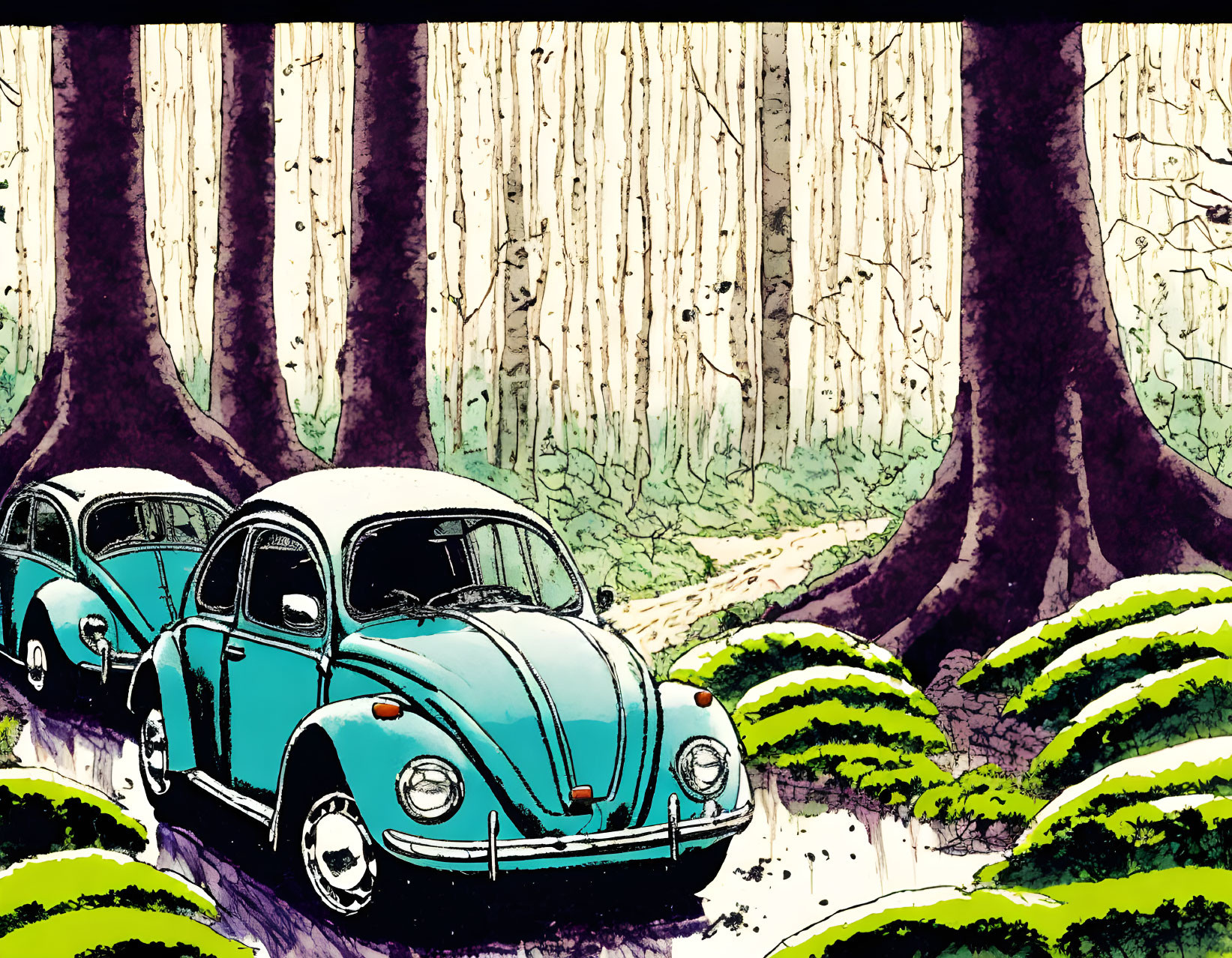 Turquoise Volkswagen Beetle in Enchanted Forest