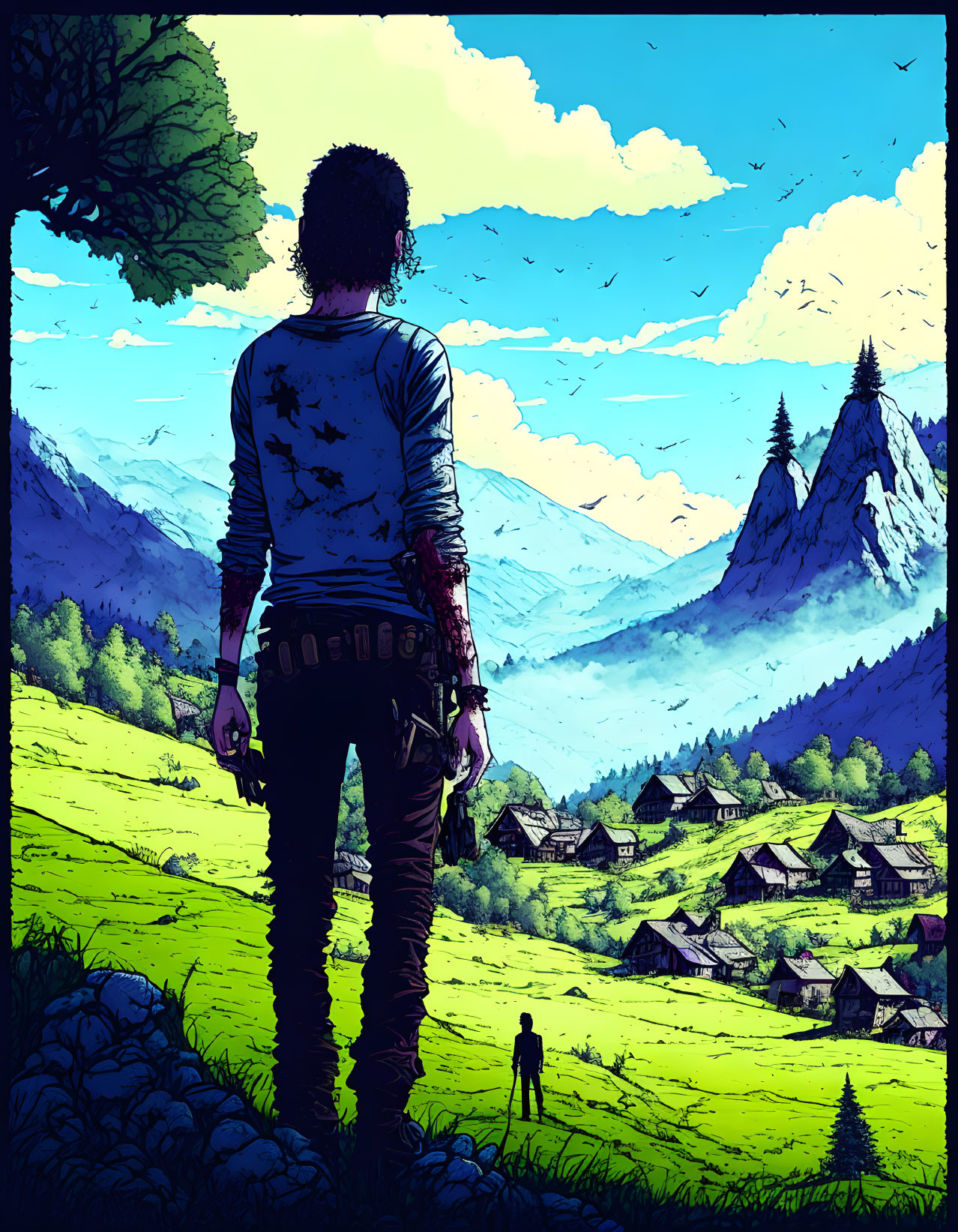 Fictional character admiring vibrant valley scene