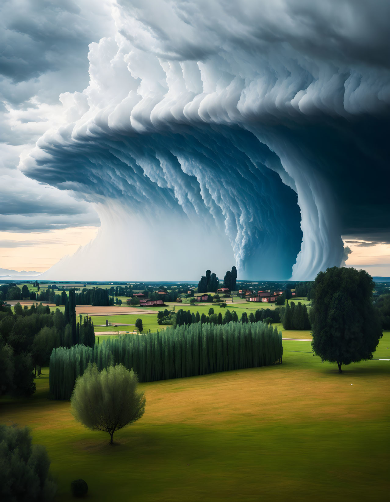 Stormy sky with dramatic shelf cloud over serene landscape