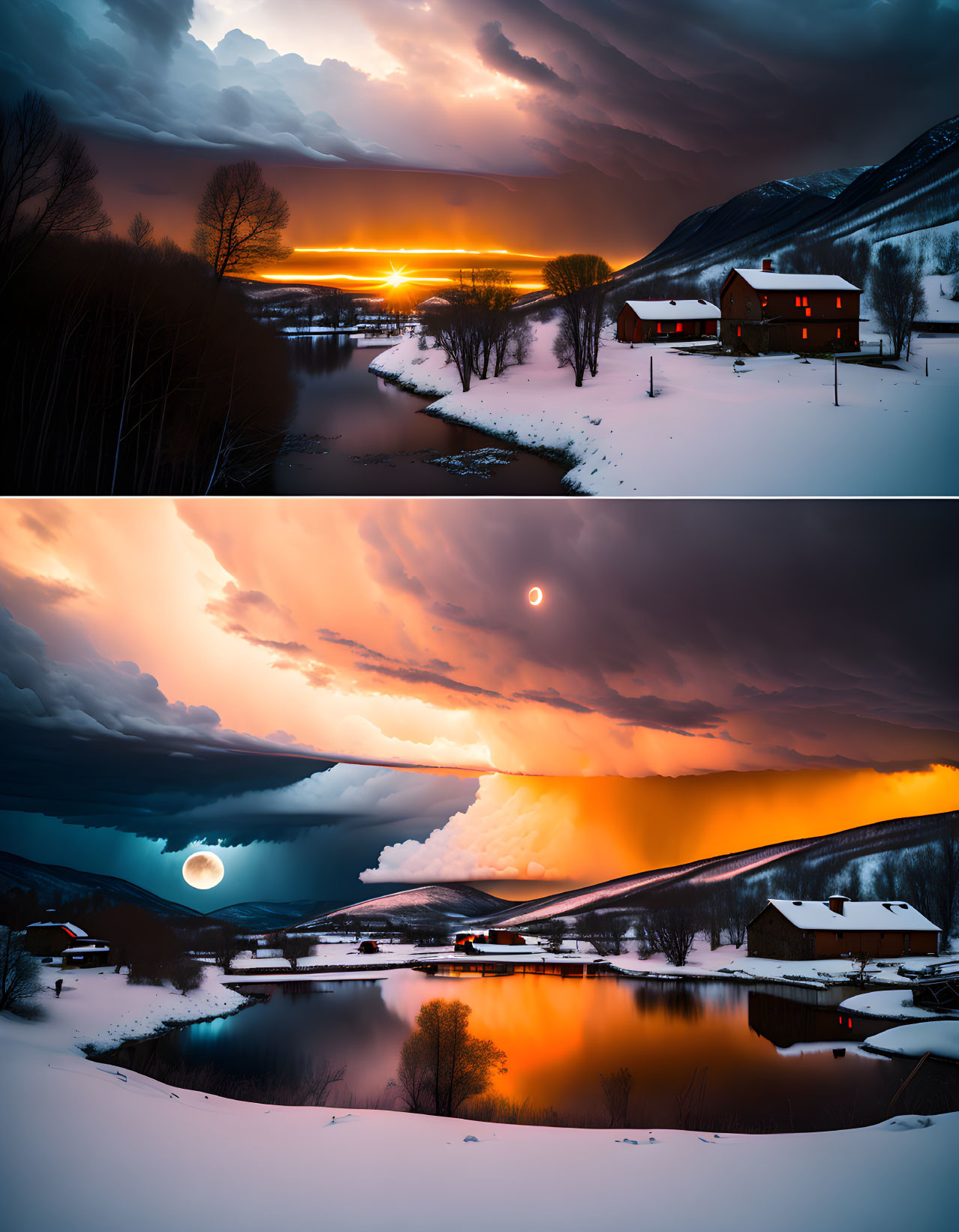 Snowy Landscape with Barn, Reflective Water, Sunrise, and Sunset