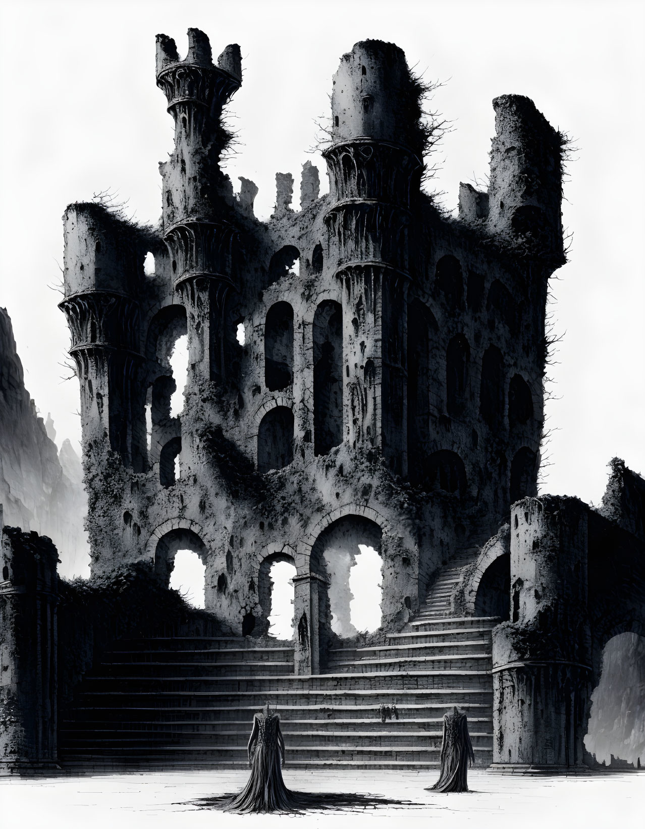 Detailed monochromatic gothic castle illustration with cloaked figures