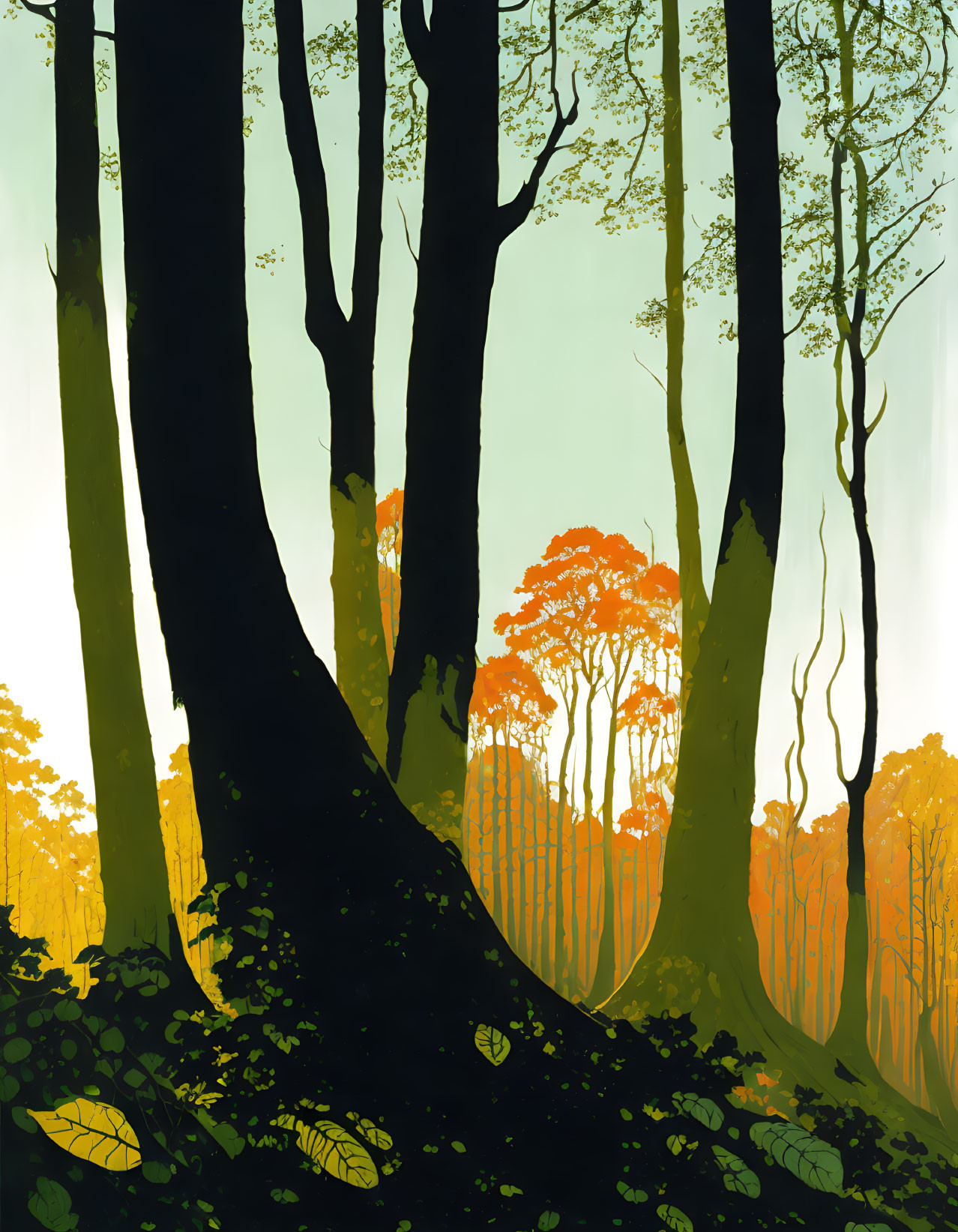 Forest illustration: tall, dark trees in foreground, warm sunlight filtering through light green foliage.