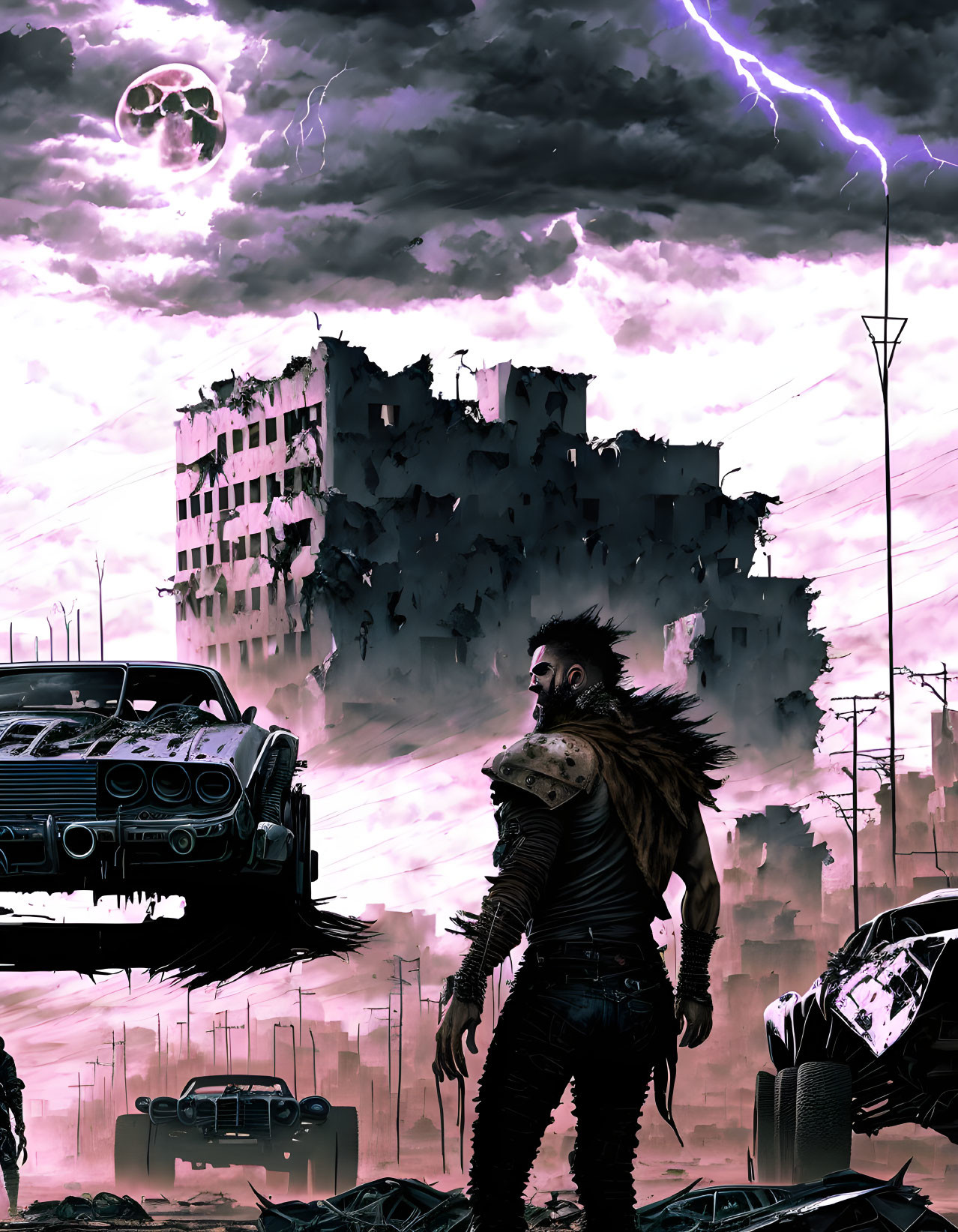 Post-apocalyptic landscape with floating car and dramatic skies