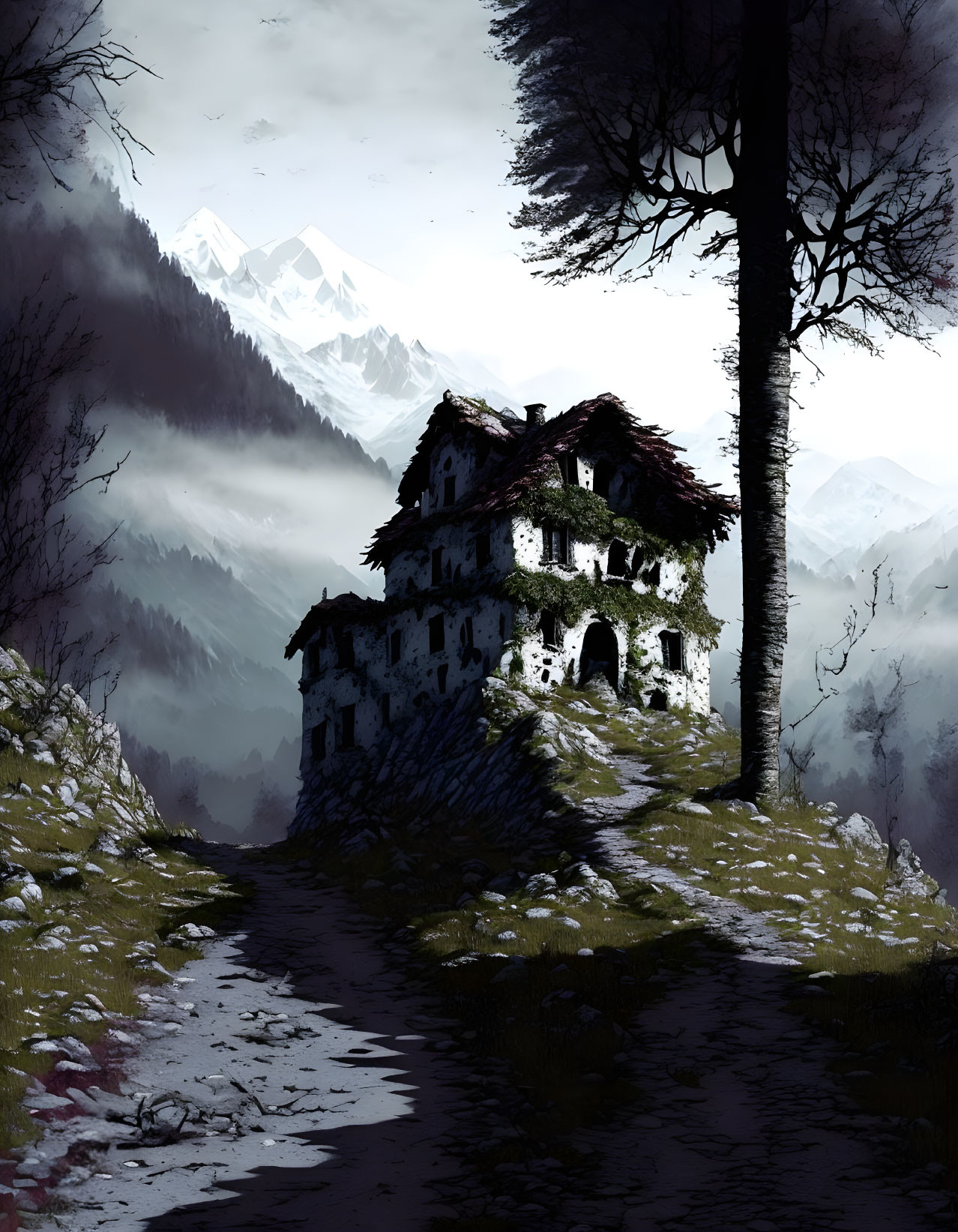 Abandoned house in misty mountain setting with snowy peaks