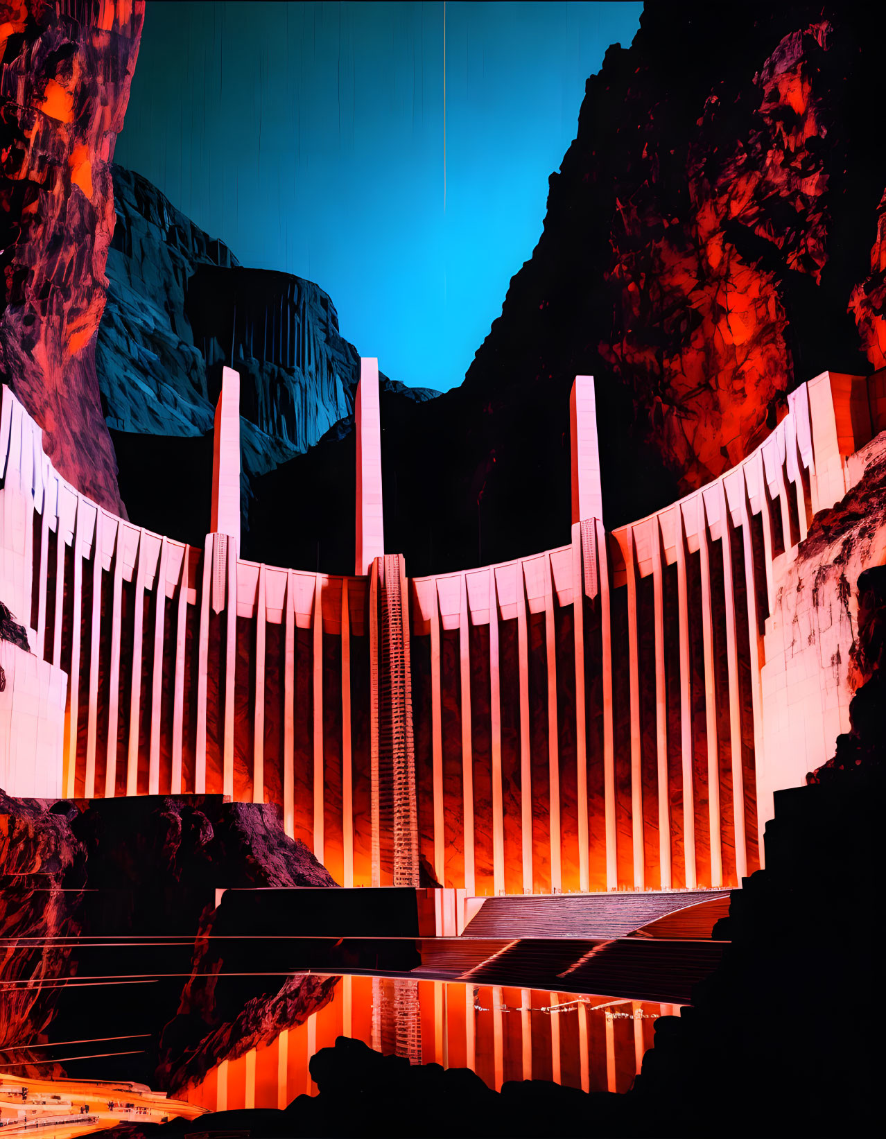 Futuristic dam in red-lit canyon under dark blue sky