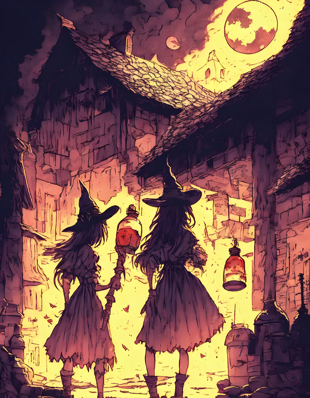 Two witches with lanterns in moonlit townscape