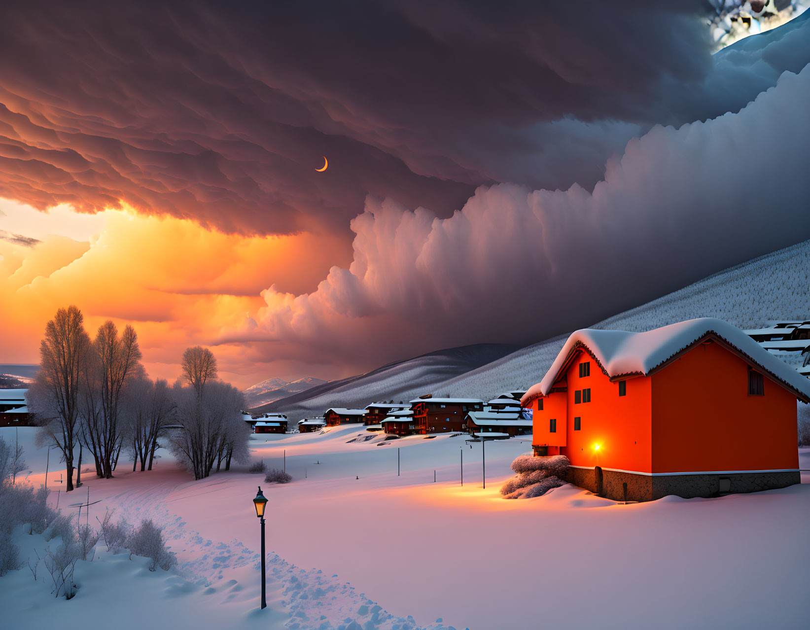 Orange Sunset Over Snowy Hills and Village with Crescent Moon