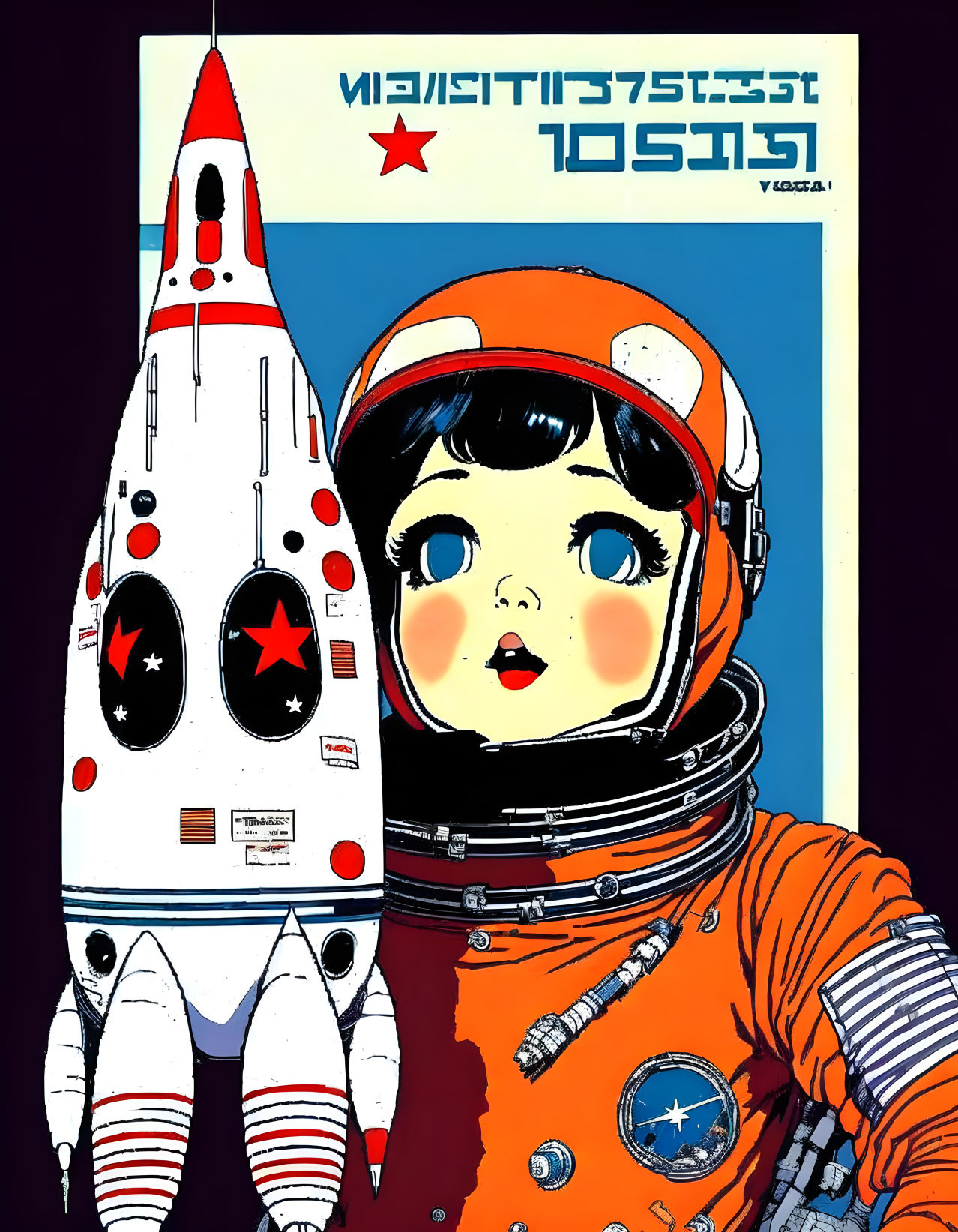 Retro-futuristic illustration of child in orange spacesuit with rocket in starry backdrop