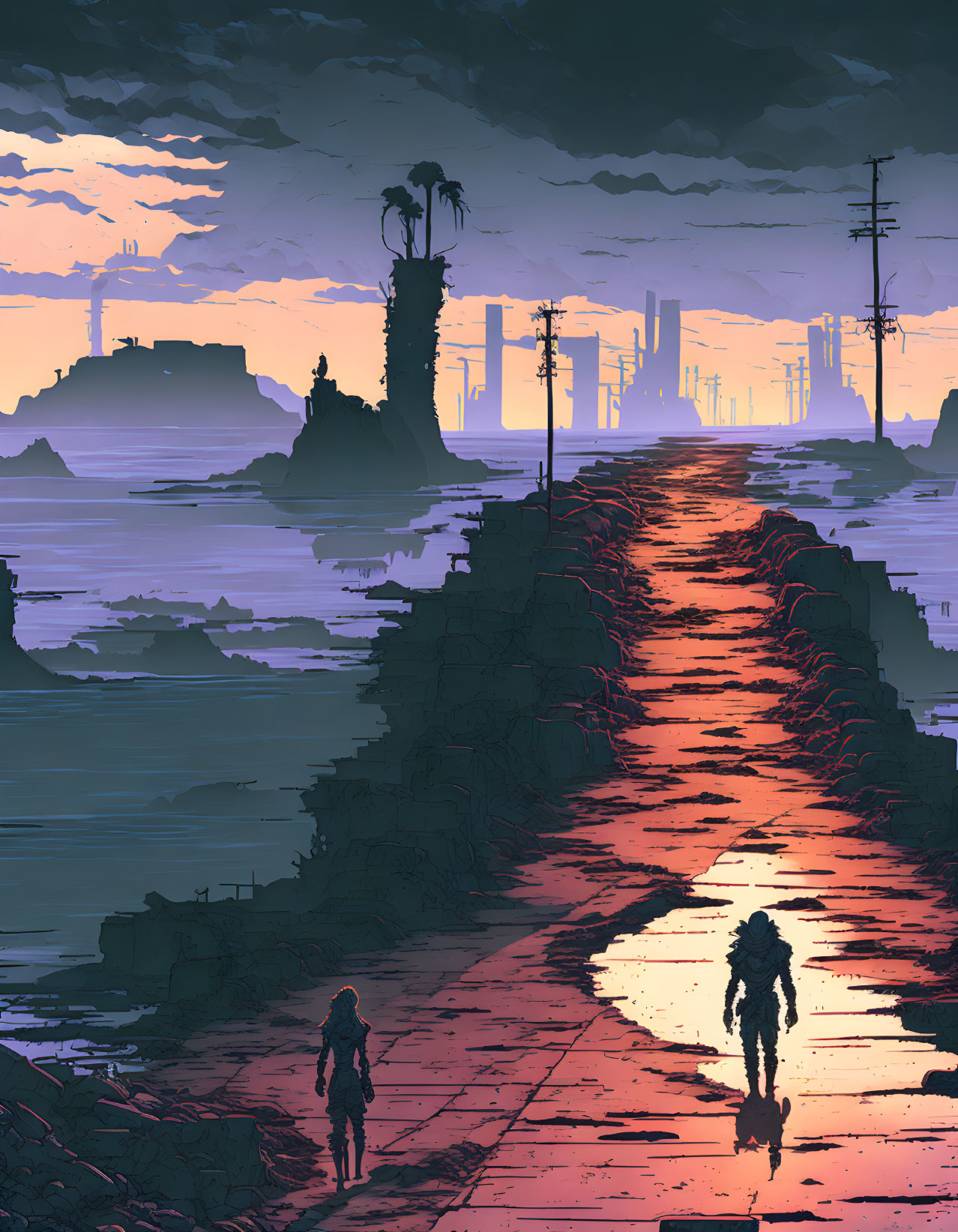 Two people walking on red-lit path in futuristic landscape.