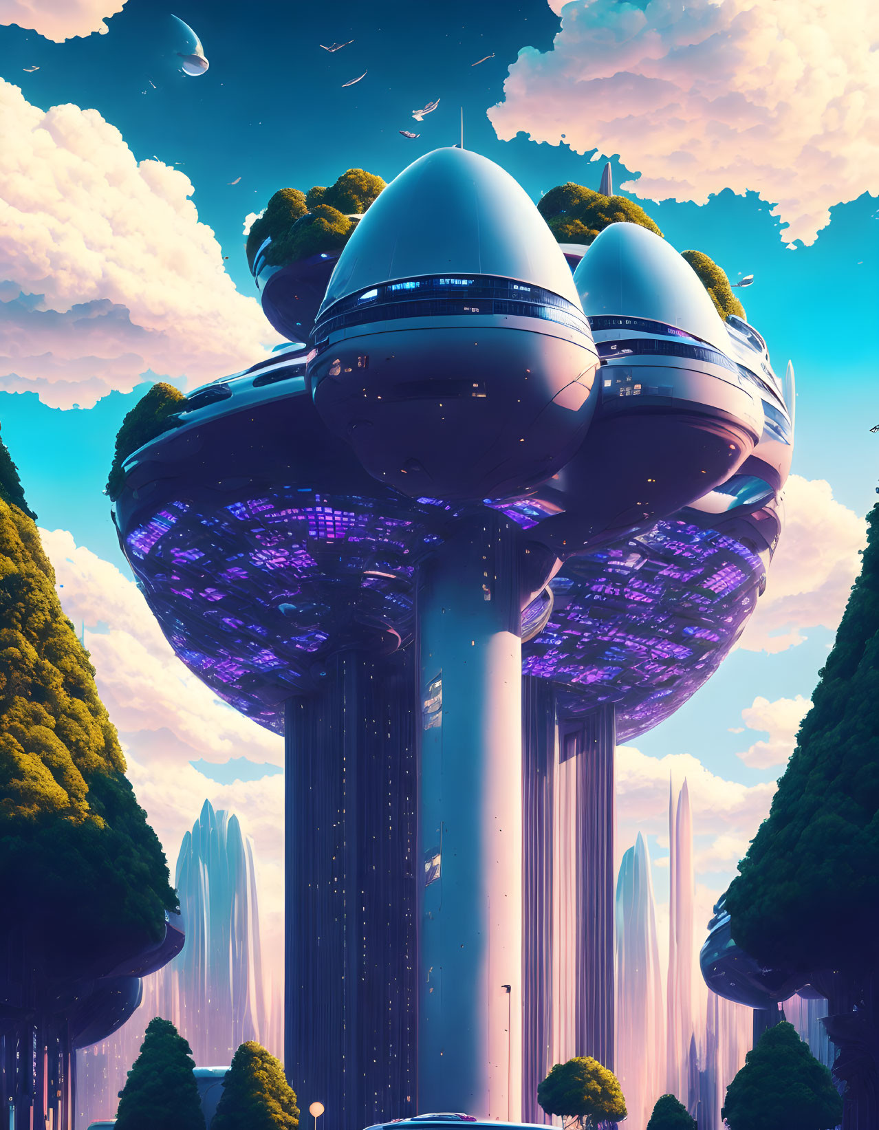 Futuristic cityscape with triple-sphere tower in colorful sky