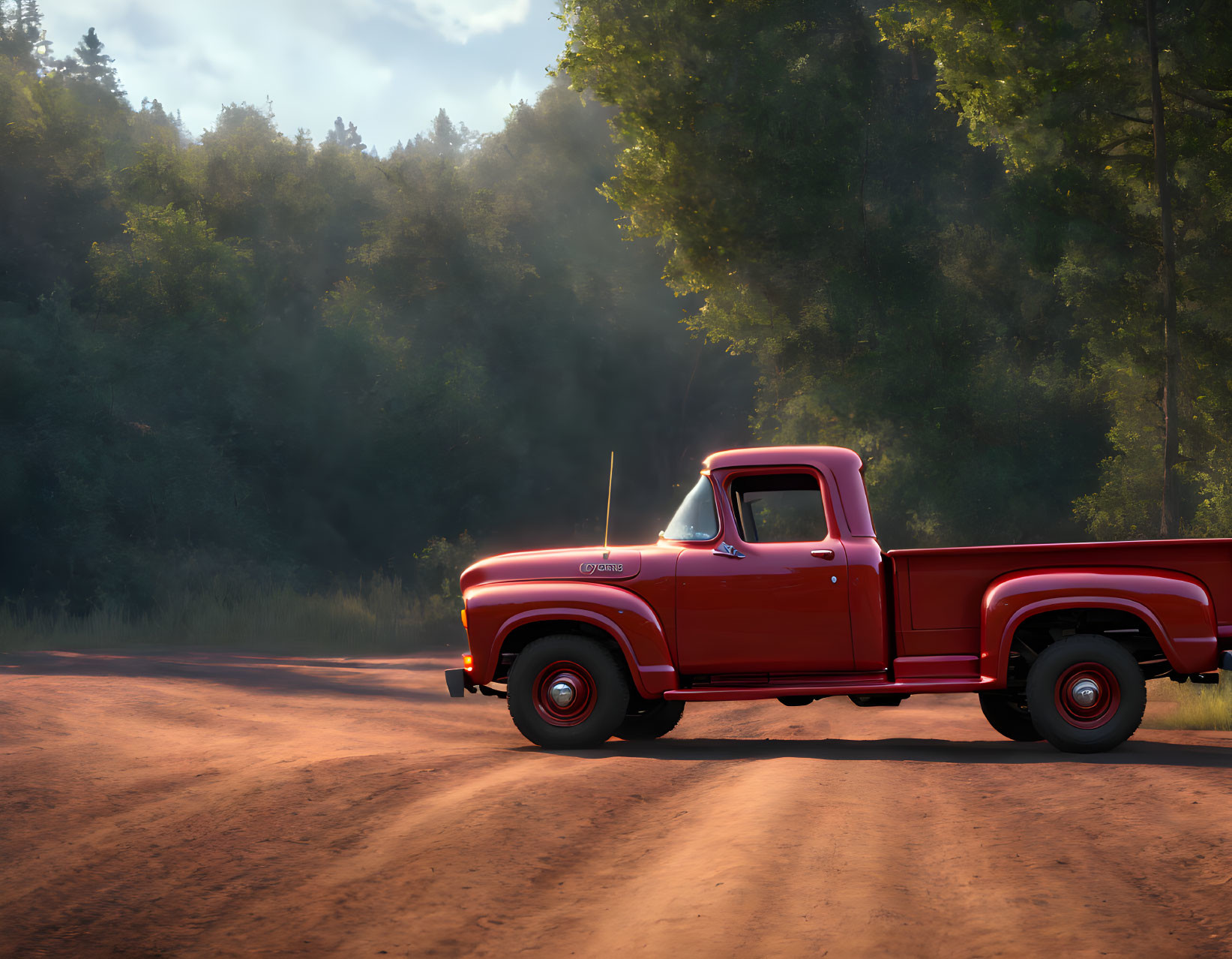 Vintage red pickup truck on dusty road with forest backdrop