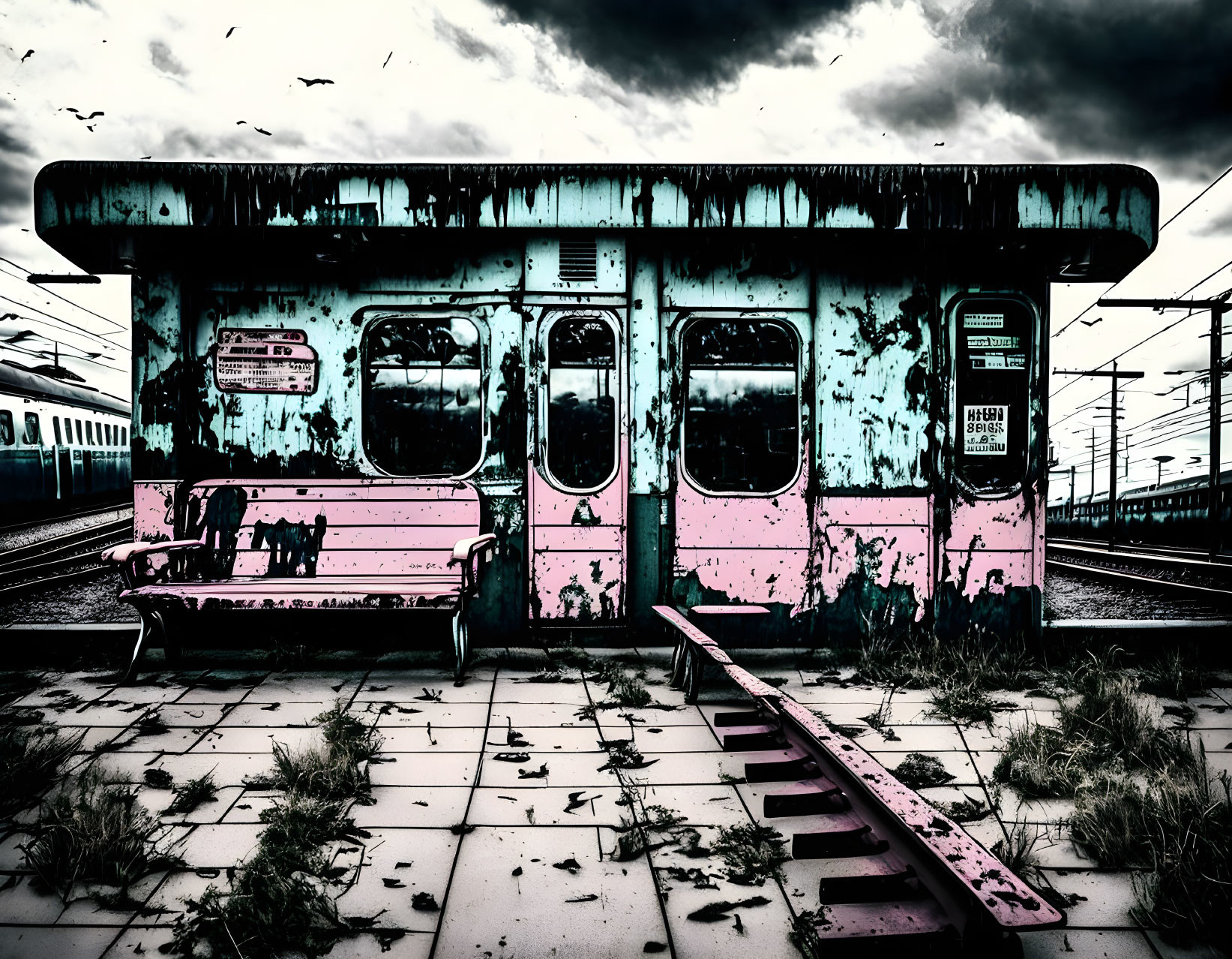 Abandoned railway carriage with peeling paint and rust on overgrown tracks