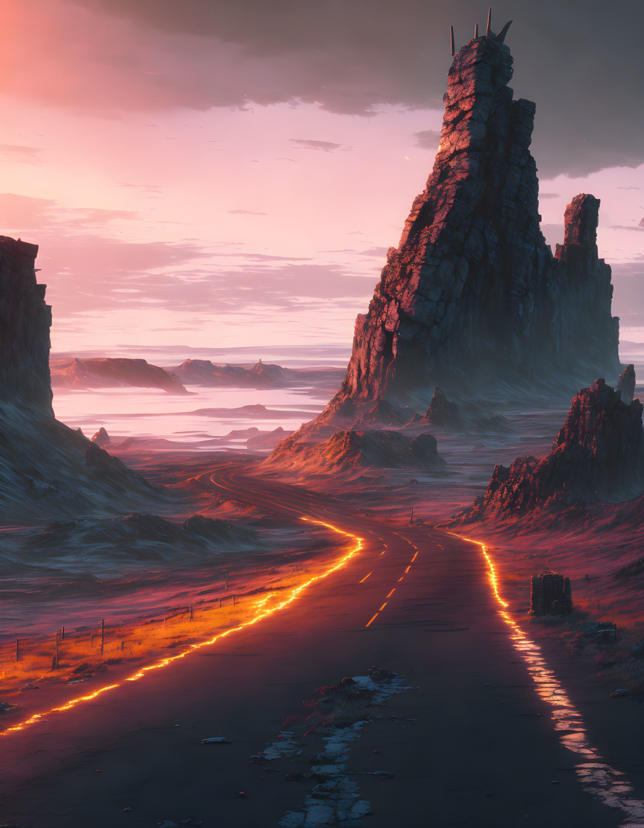 Glowing road in desolate red landscape with rock formations