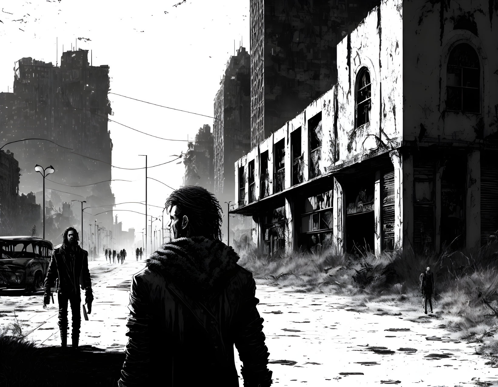 Monochrome art: Man walking in abandoned city street.