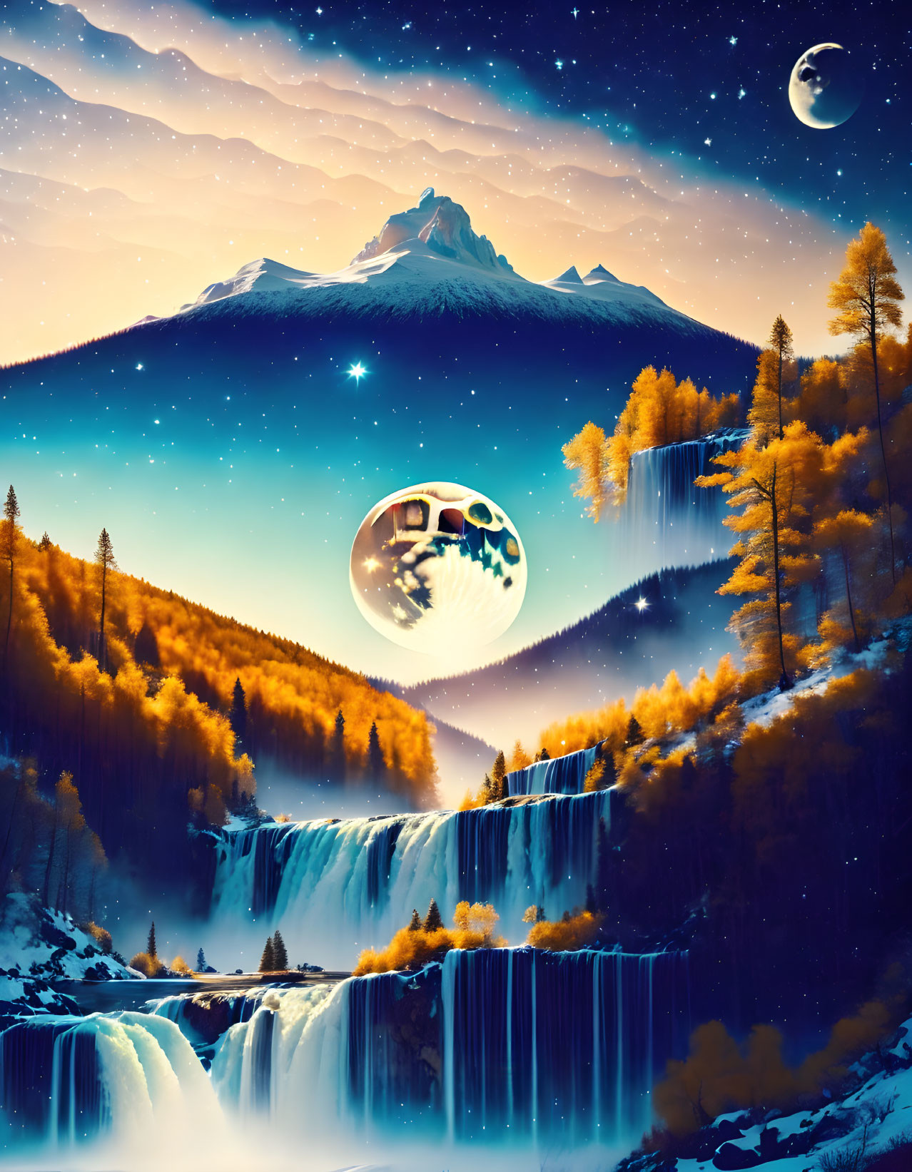 Vibrant fantasy landscape with mountain, waterfalls, autumn trees, starry sky, moon,