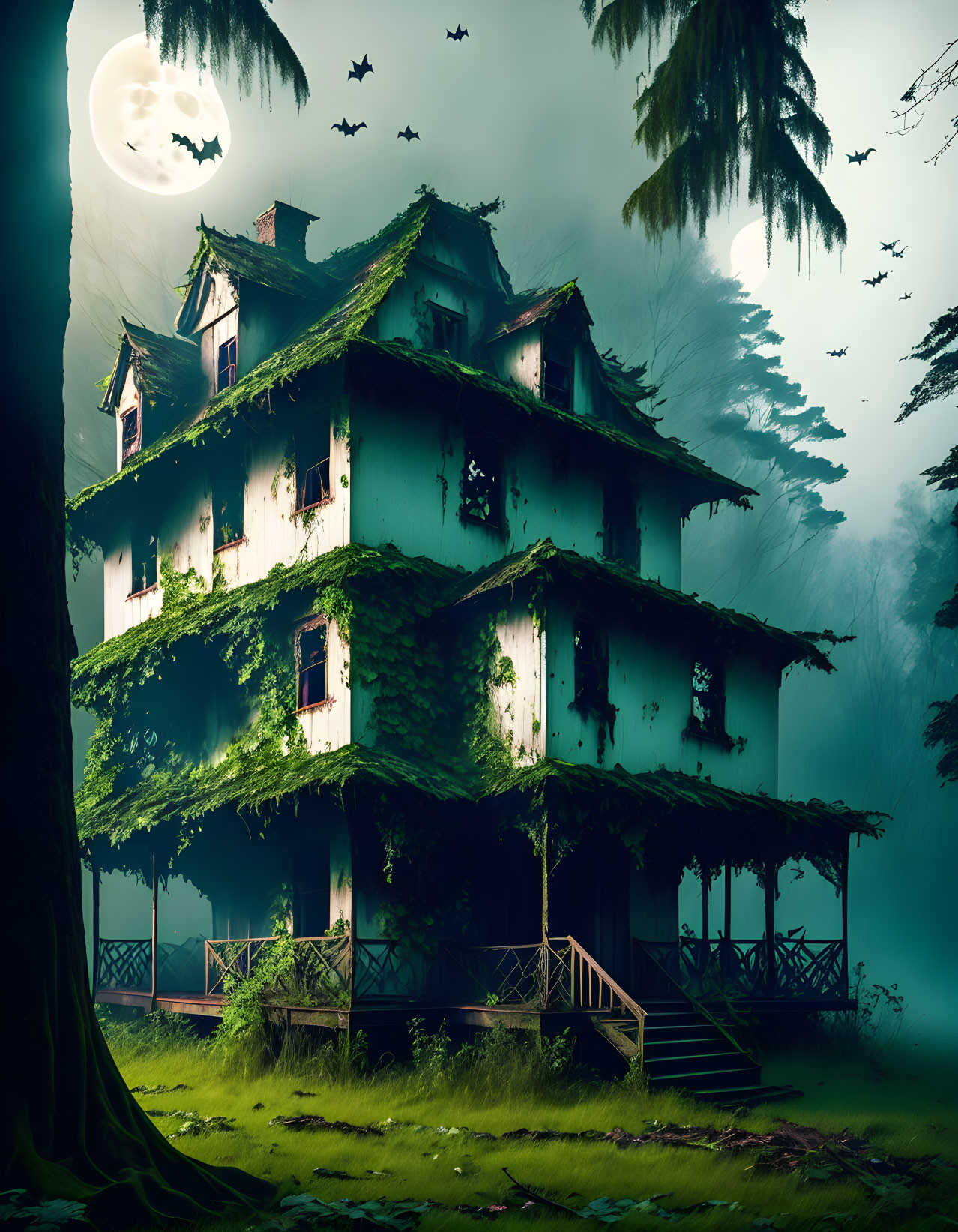 Moss-Covered Three-Story House in Moonlit Forest with Bats