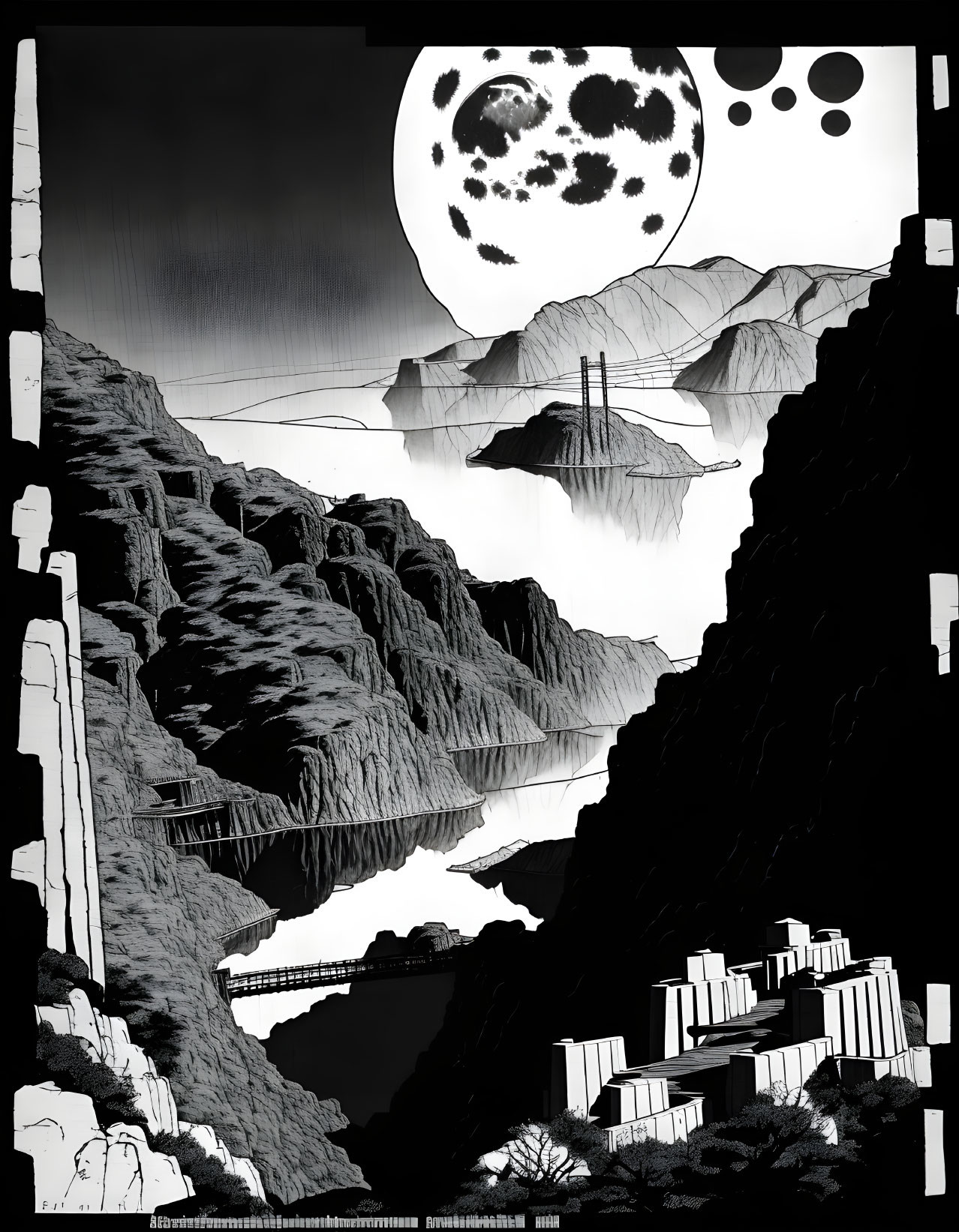 Monochromatic surreal landscape with moon, mountains, bridges, and stylized buildings