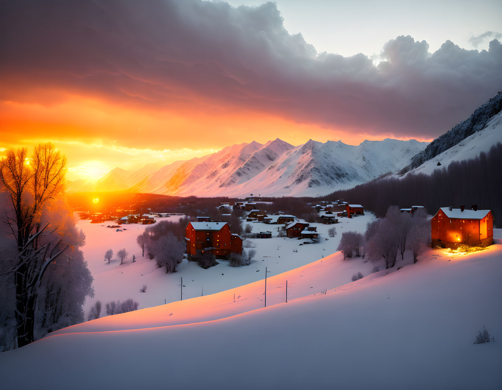 Snowy Sunset Landscape: Mountains, Houses, Warm Light