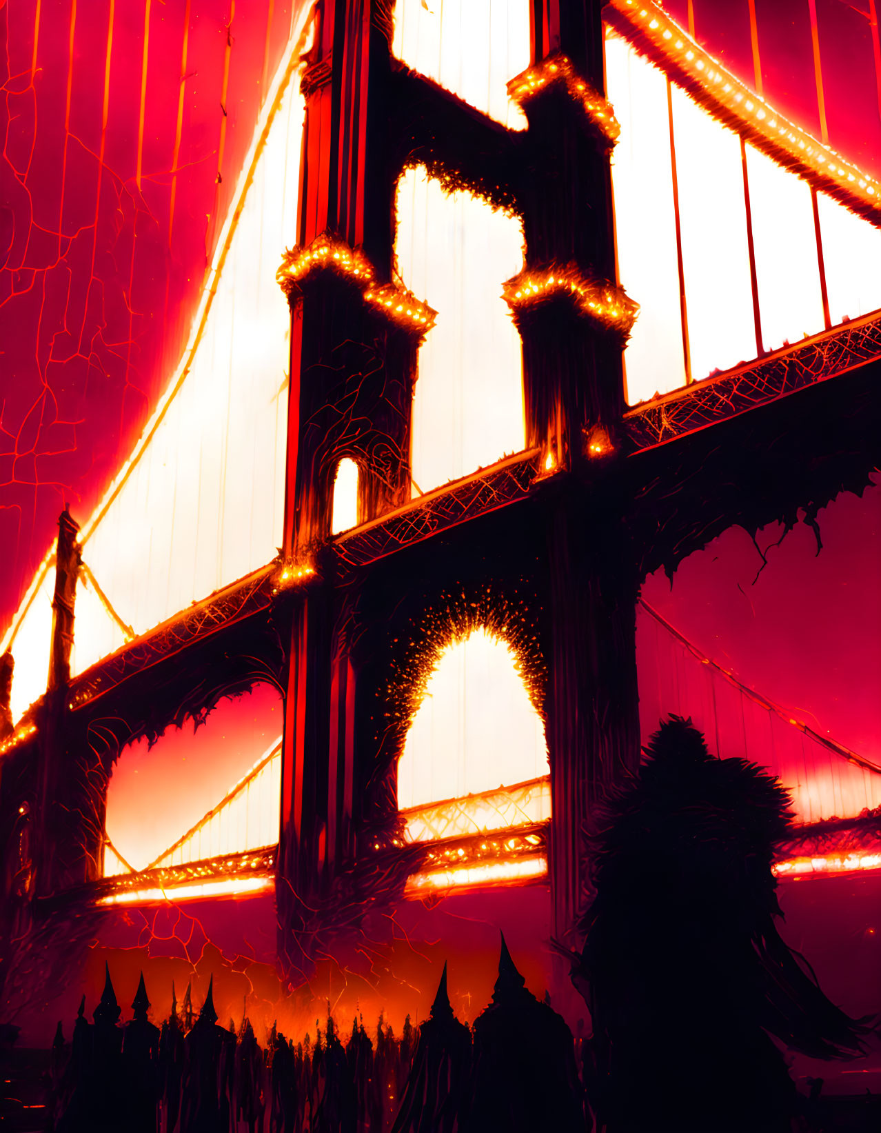 Fantastical gothic bridge in crimson glow with silhouetted figures