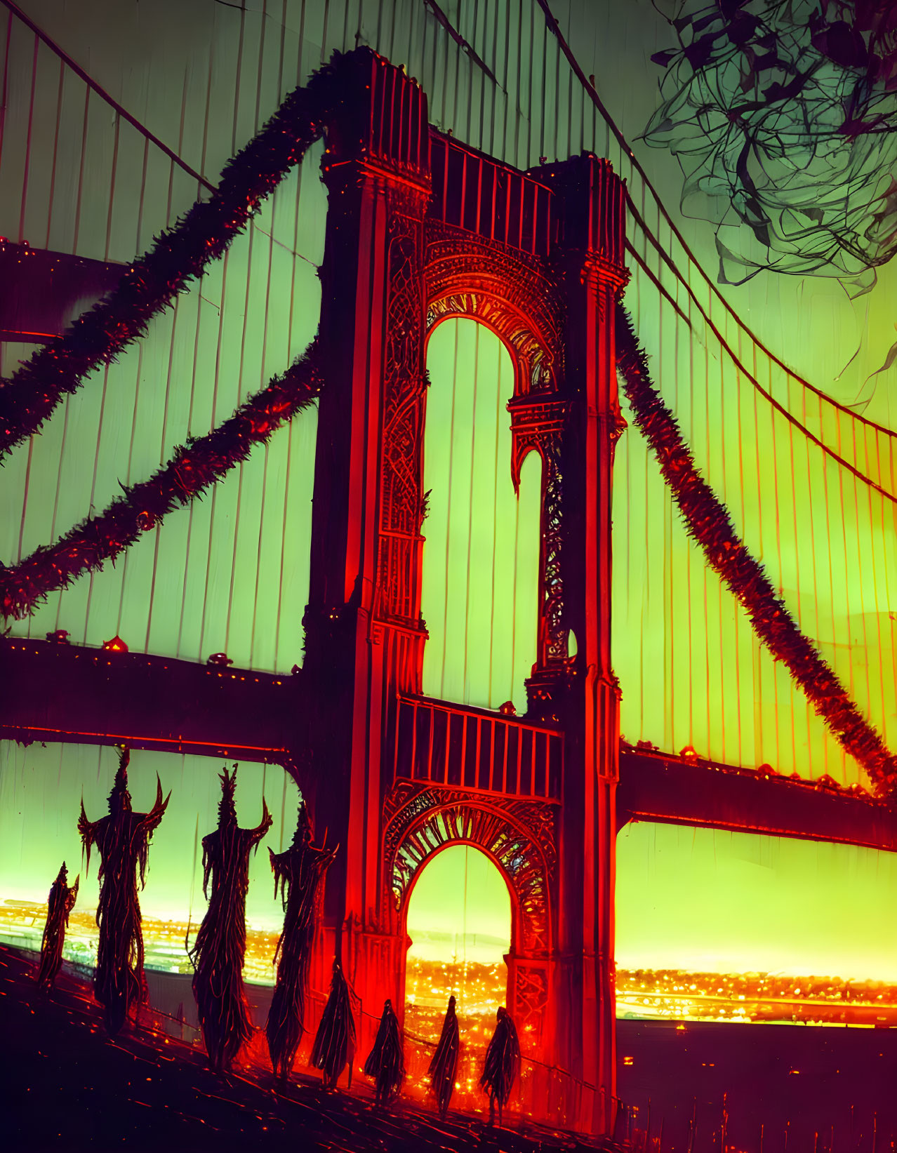 Vivid stylized Golden Gate Bridge night scene with towering figures & glowing city lights