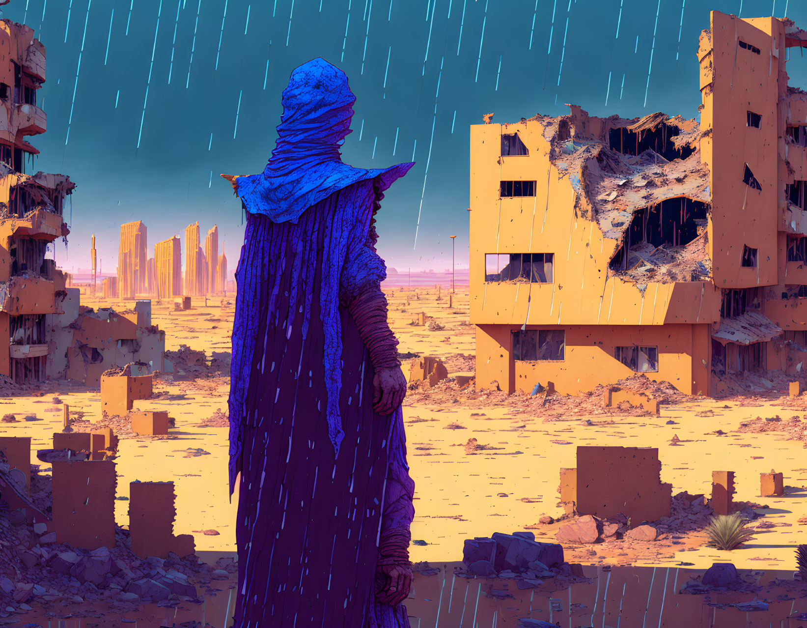 Person in Blue Cloak Stands in Desolate Ruin Landscape