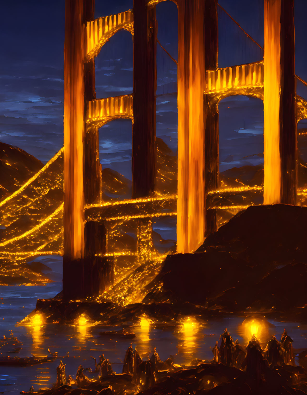 Golden-hued night bridge scene with shimmering lights and silhouettes.