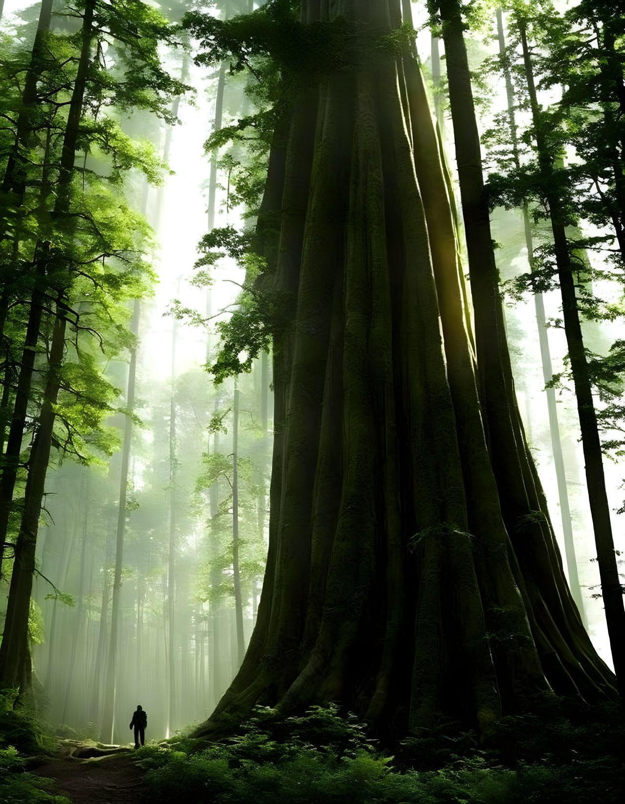 Person standing by giant tree trunk in misty forest with sunlight filtering through canopy