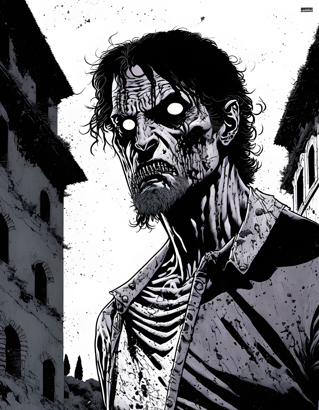 Monochrome comic-style zombie illustration in front of shadowy buildings