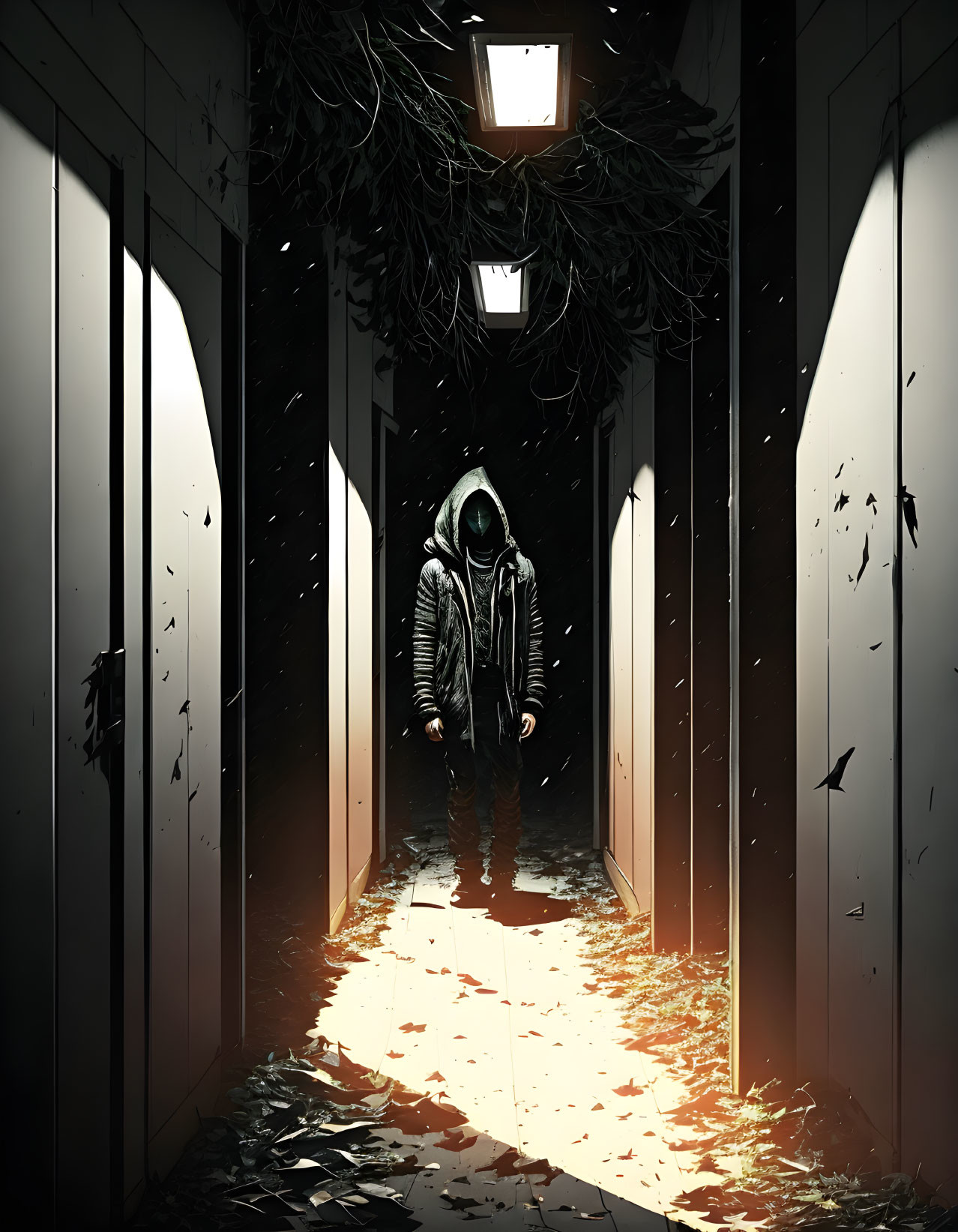 Hooded figure in dim corridor with scattered leaves and flying birds