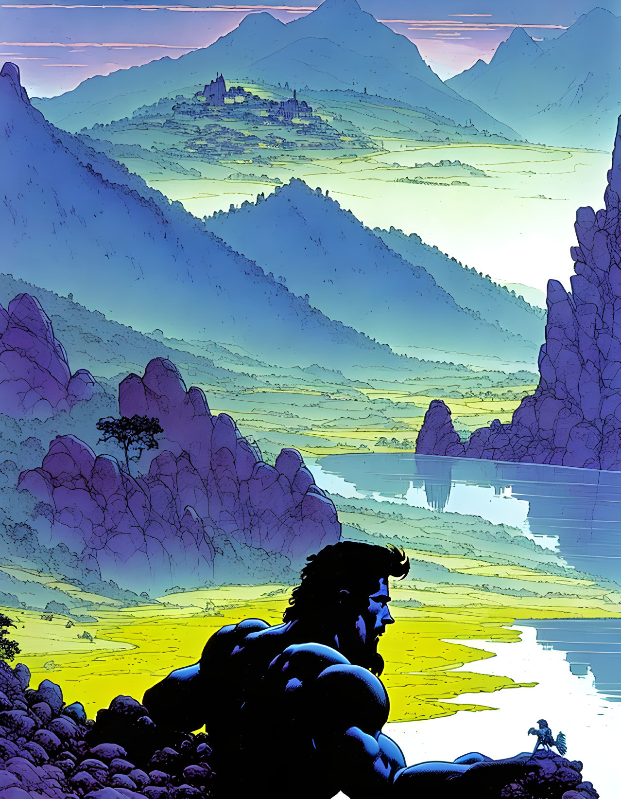 Scenic landscape illustration with layered mountains, serene lake, and figure on rock