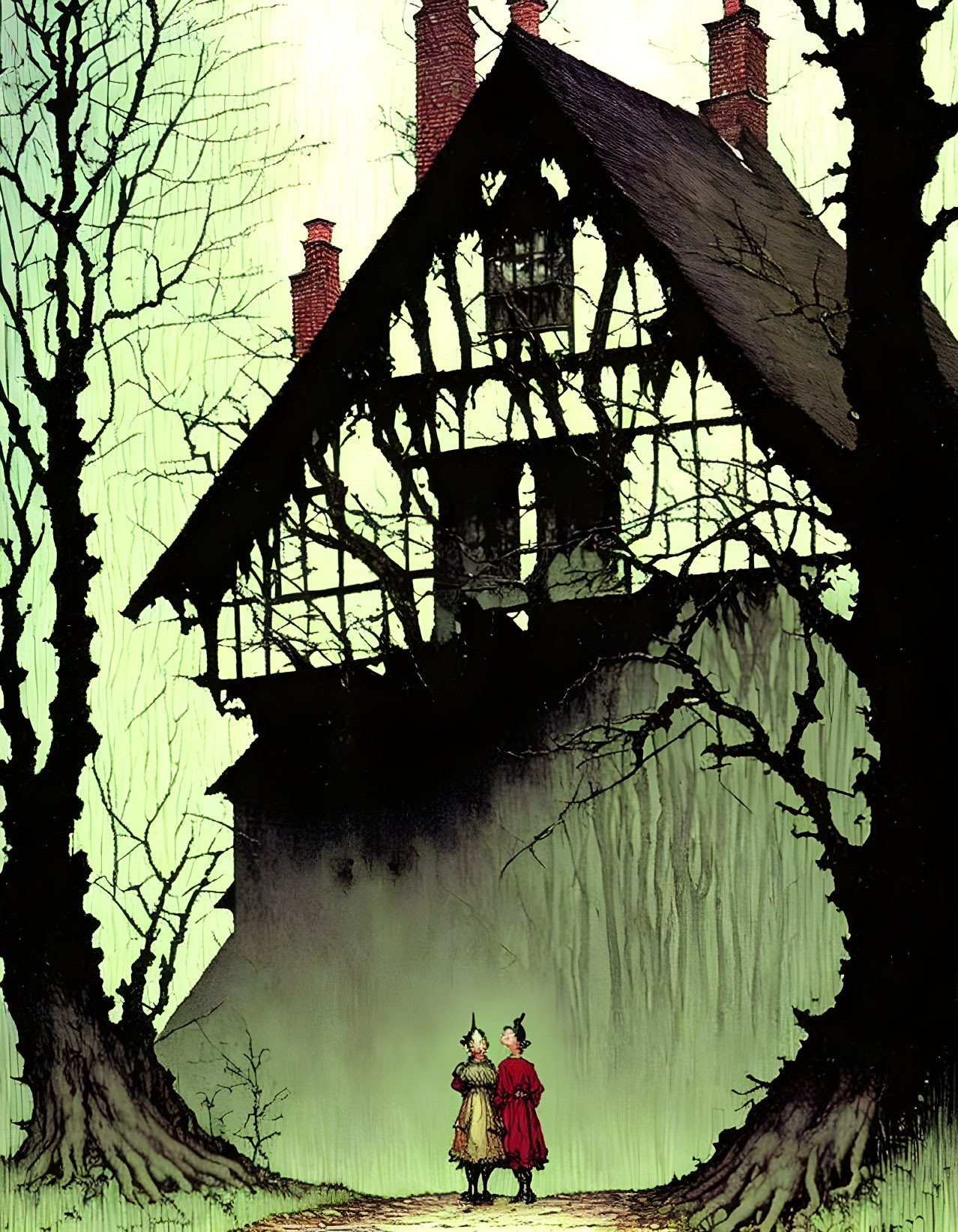 Creepy house illustration with two people and eerie green glow