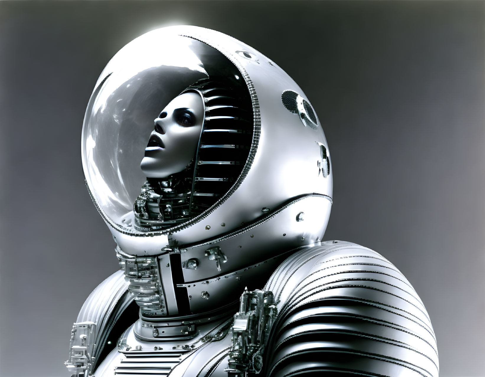 Futuristic female android in shiny metallic space suit