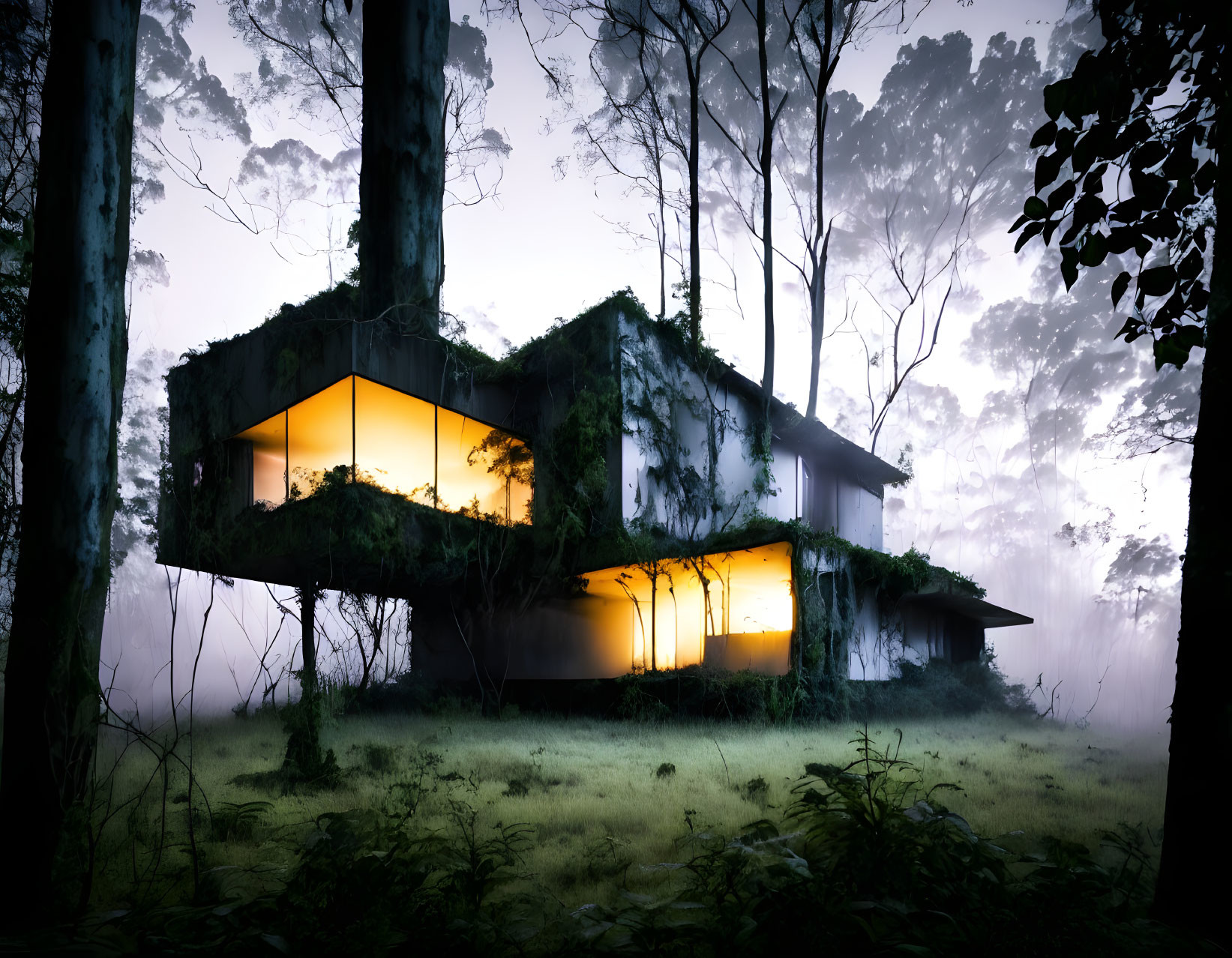 Modern House with Illuminated Interiors in Misty Forest