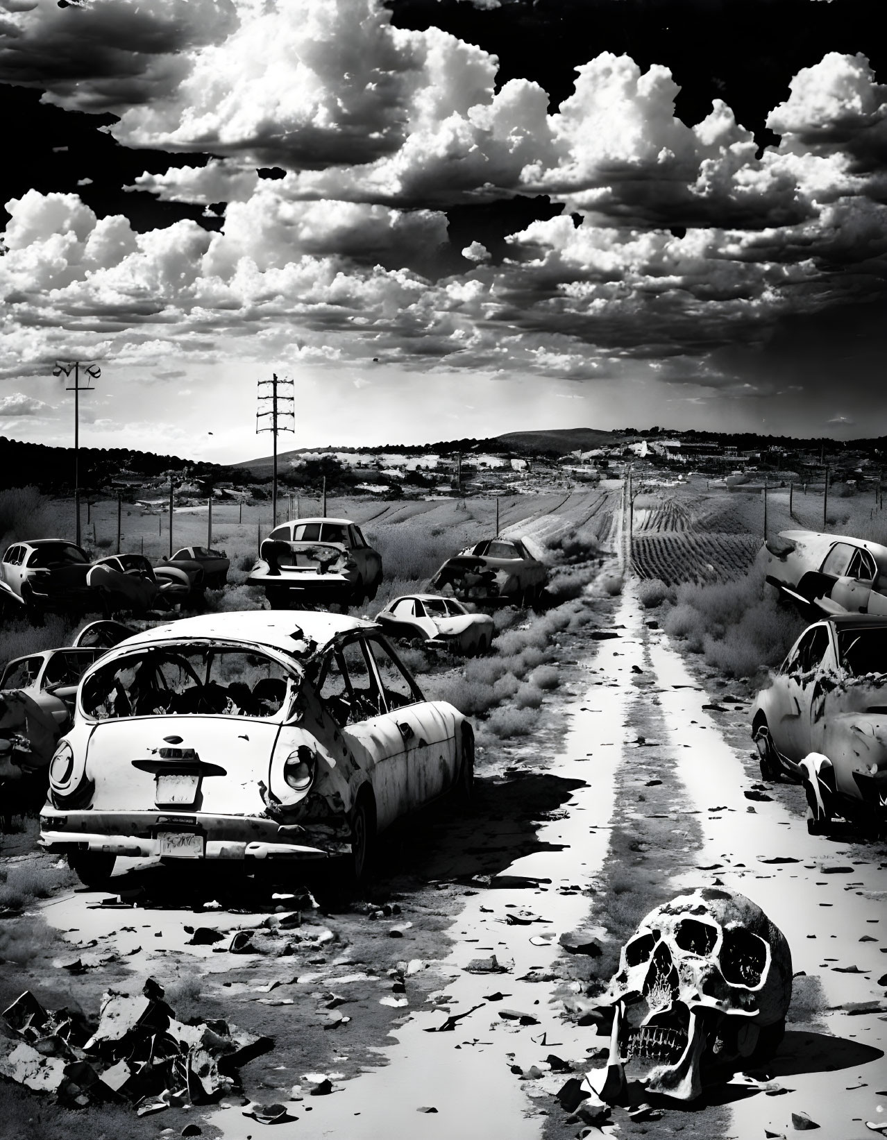 Desolate road with abandoned cars and human skull under dramatic sky