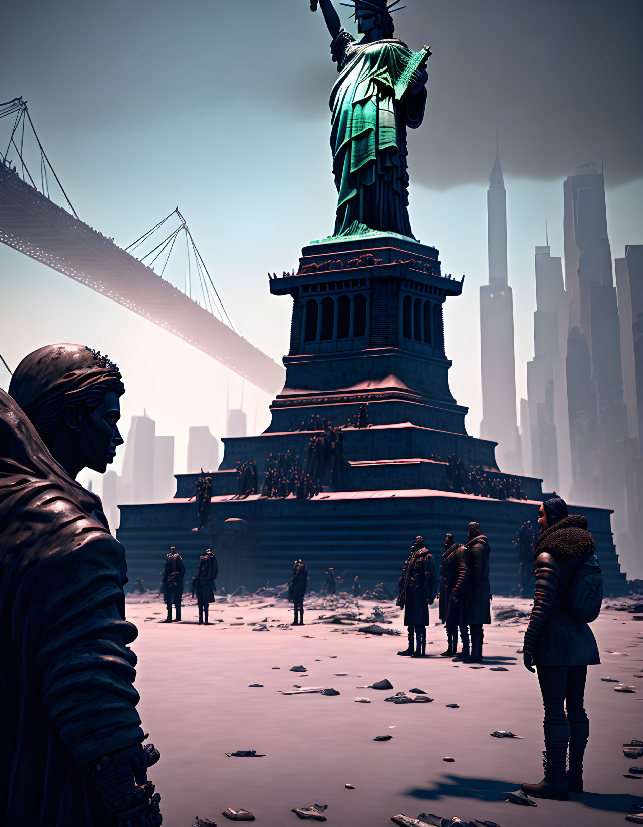 Snowy Dystopian Scene: People in Heavy Coats by Statue of Liberty