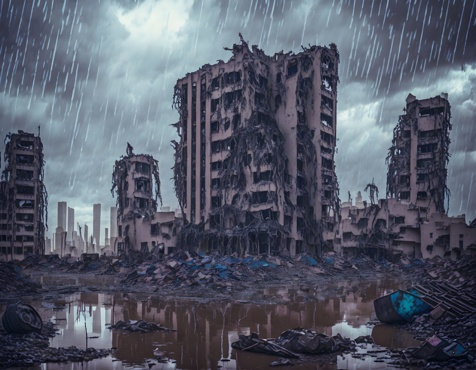 Post-Apocalyptic Urban Landscape in Rainstorm