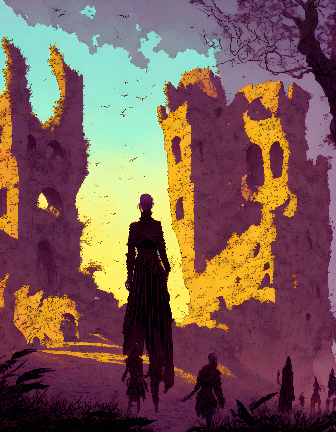 Cloaked figure and companions walking towards ruins under golden-lit sky